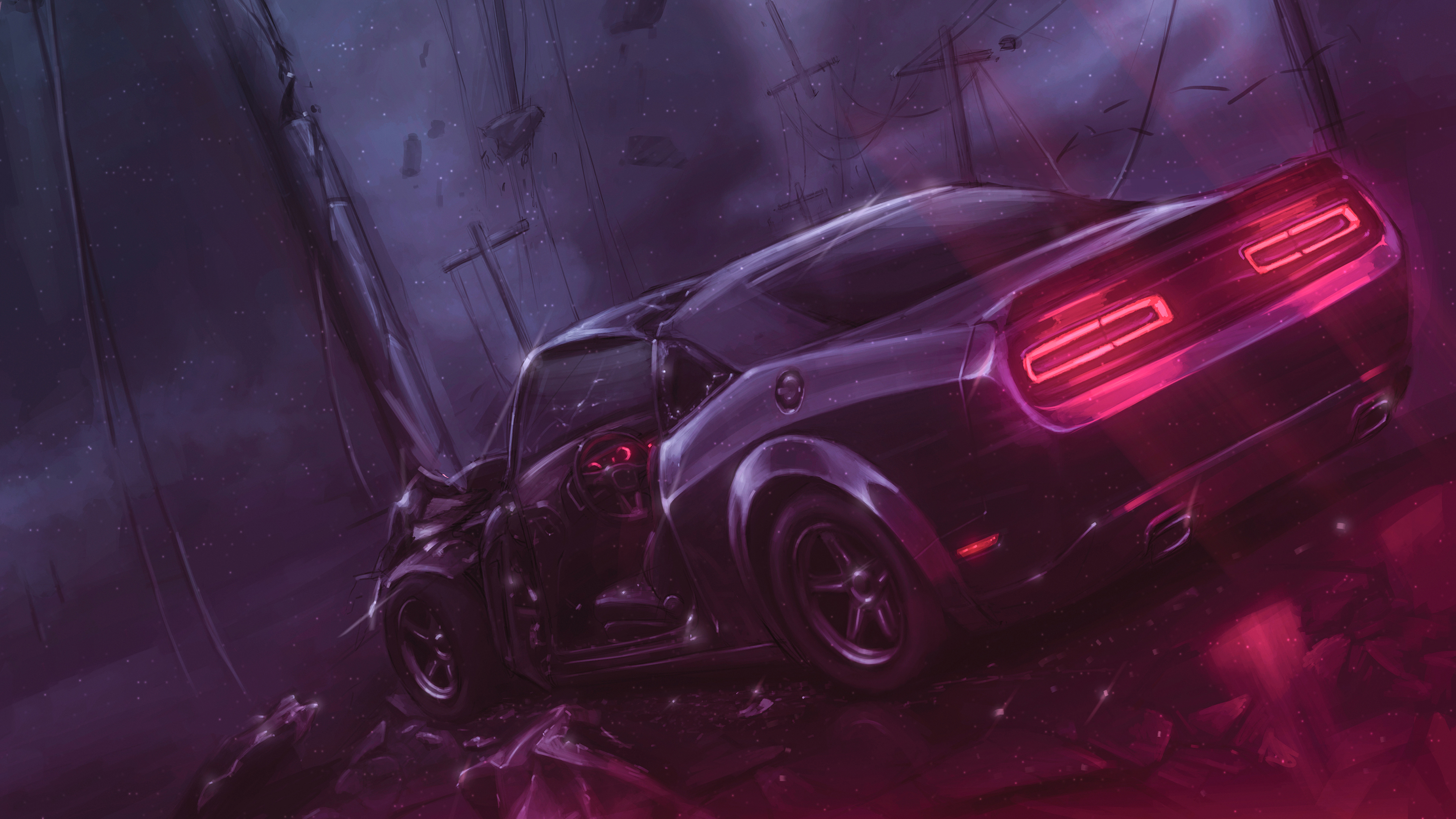 Damaged Dodge Challenger in a dark, abstract environment HD Wallpaper