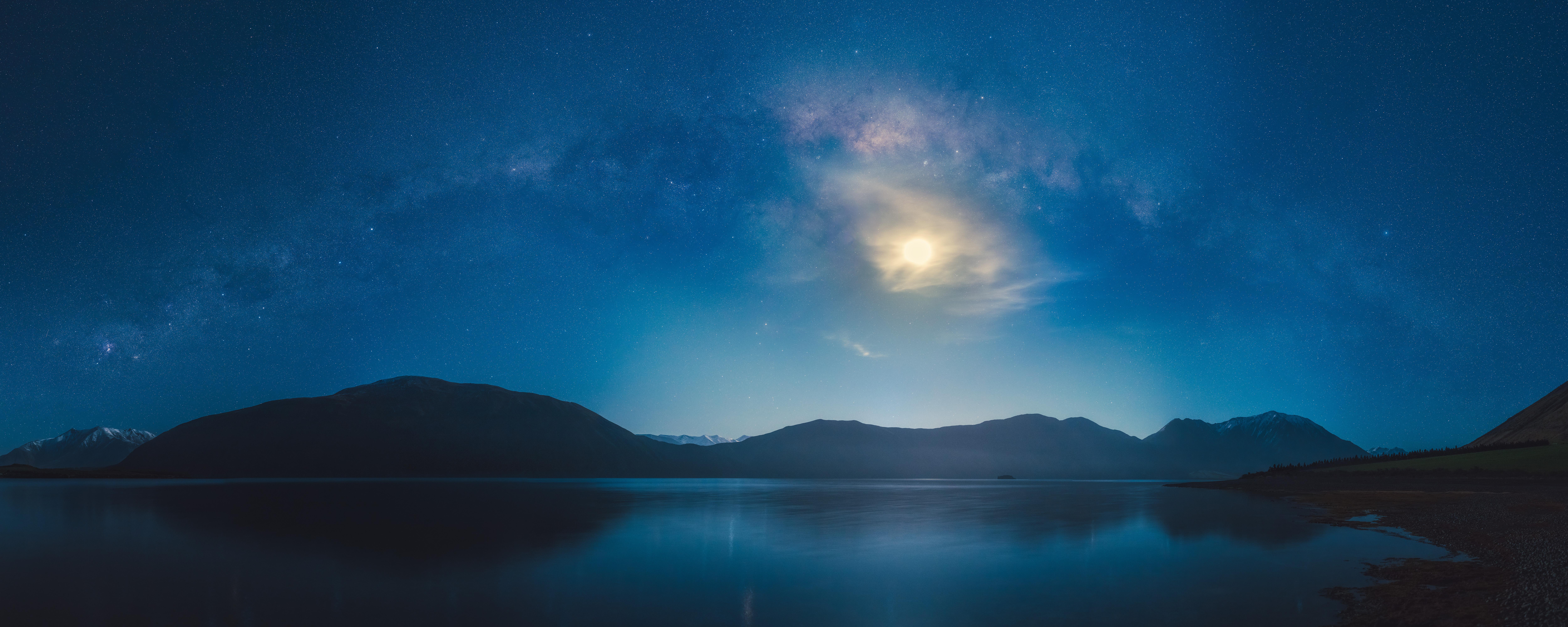 Milky Way over a lake and mountains HD Wallpaper