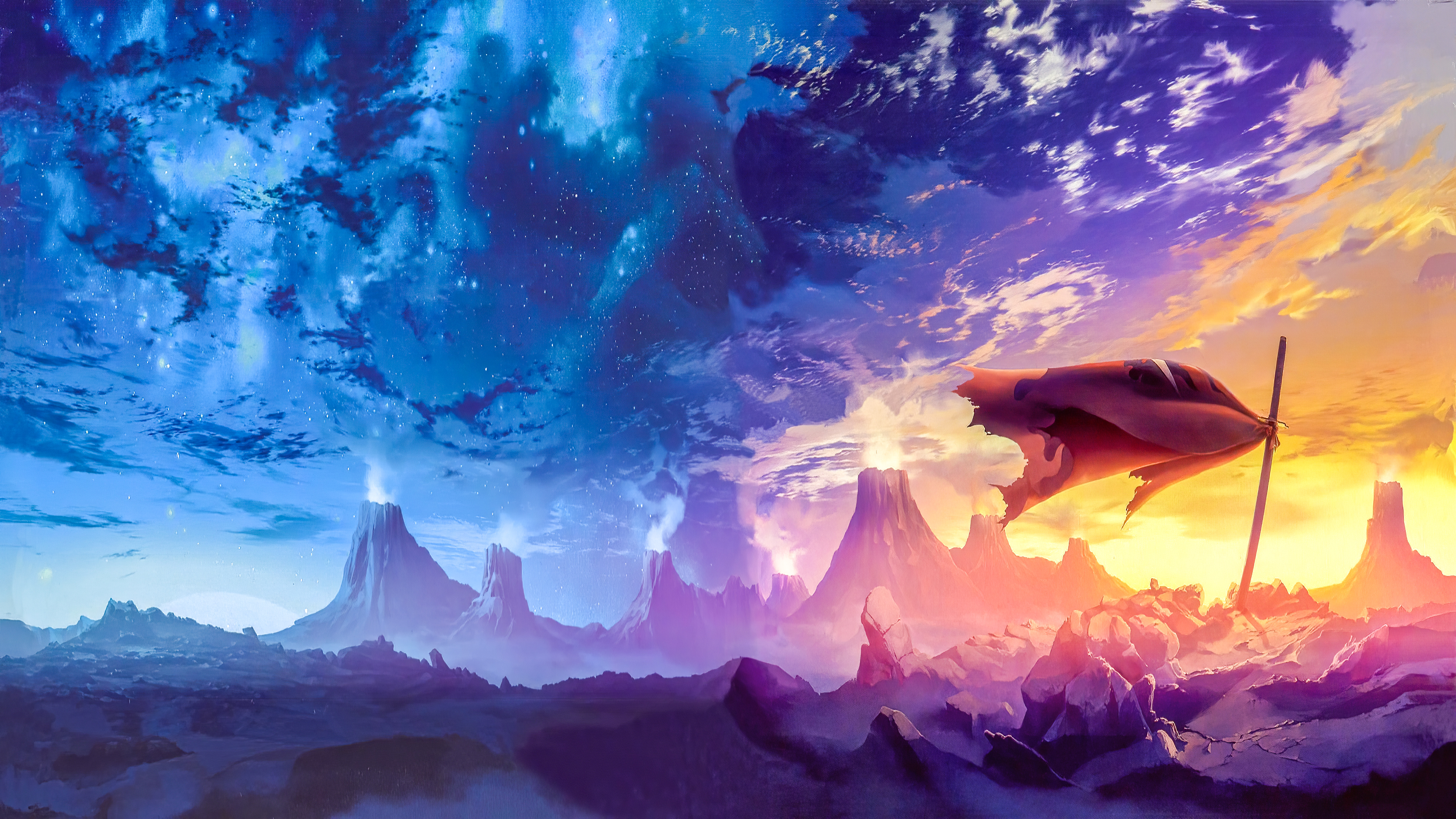Fantasy landscape with torn flag and volcanoes HD Wallpaper