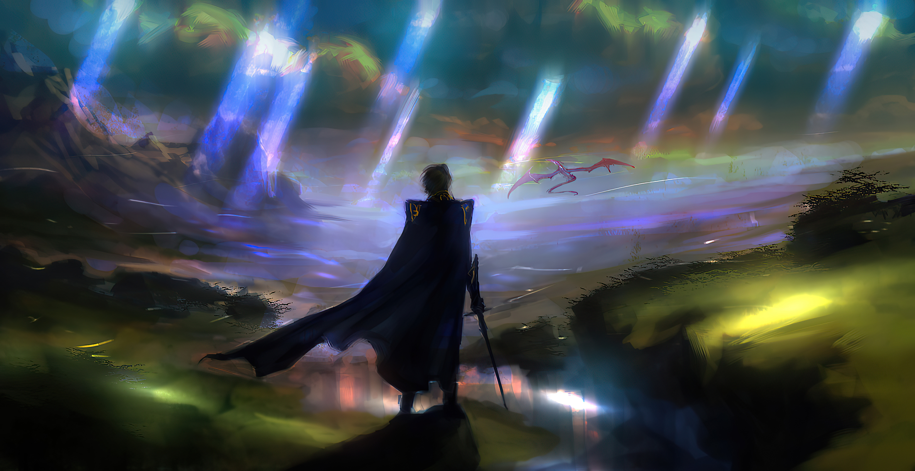 Man with sword and cape looking at dragon in sky HD Wallpaper