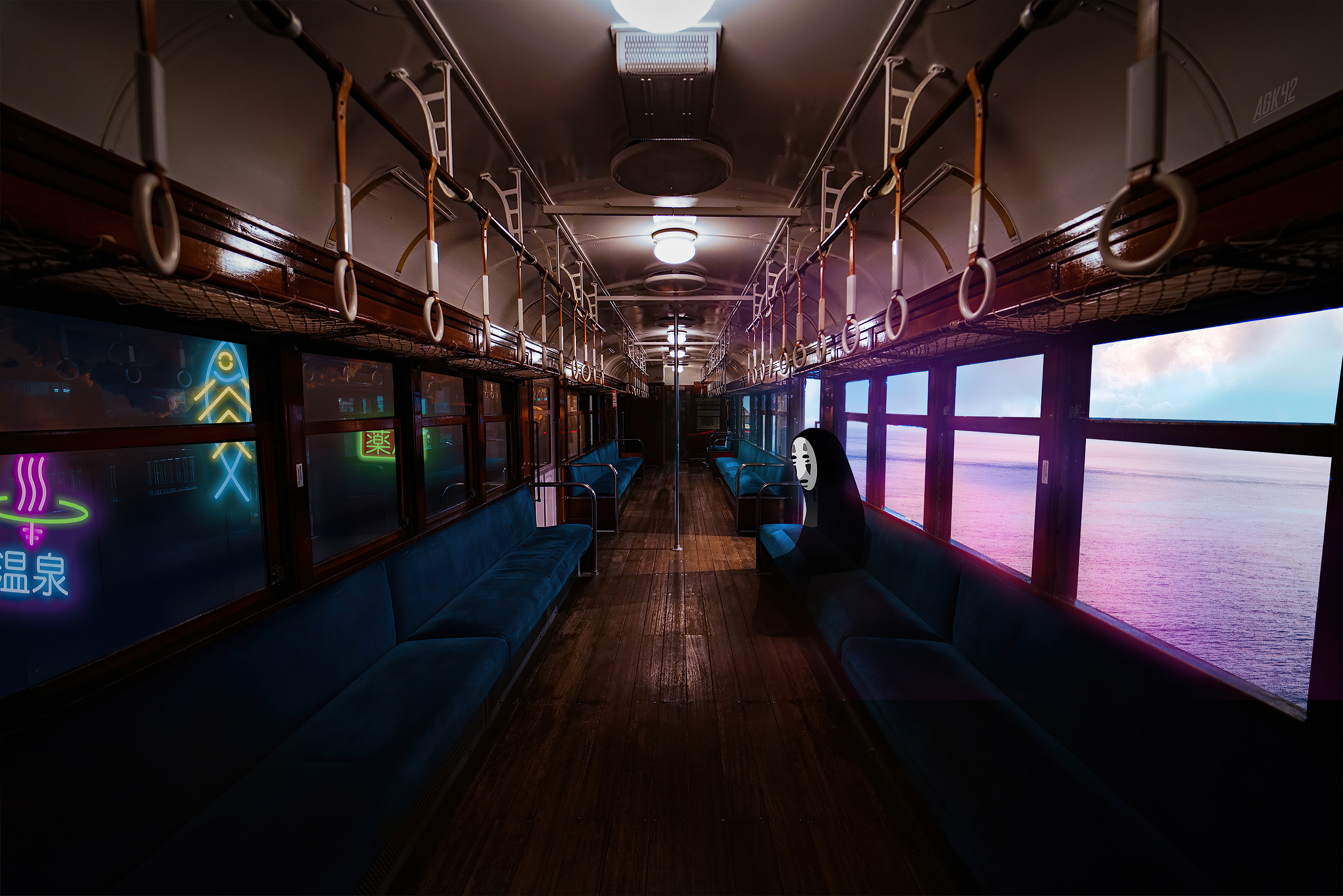 No-Face on a train with neon signs and ocean view HD Wallpaper