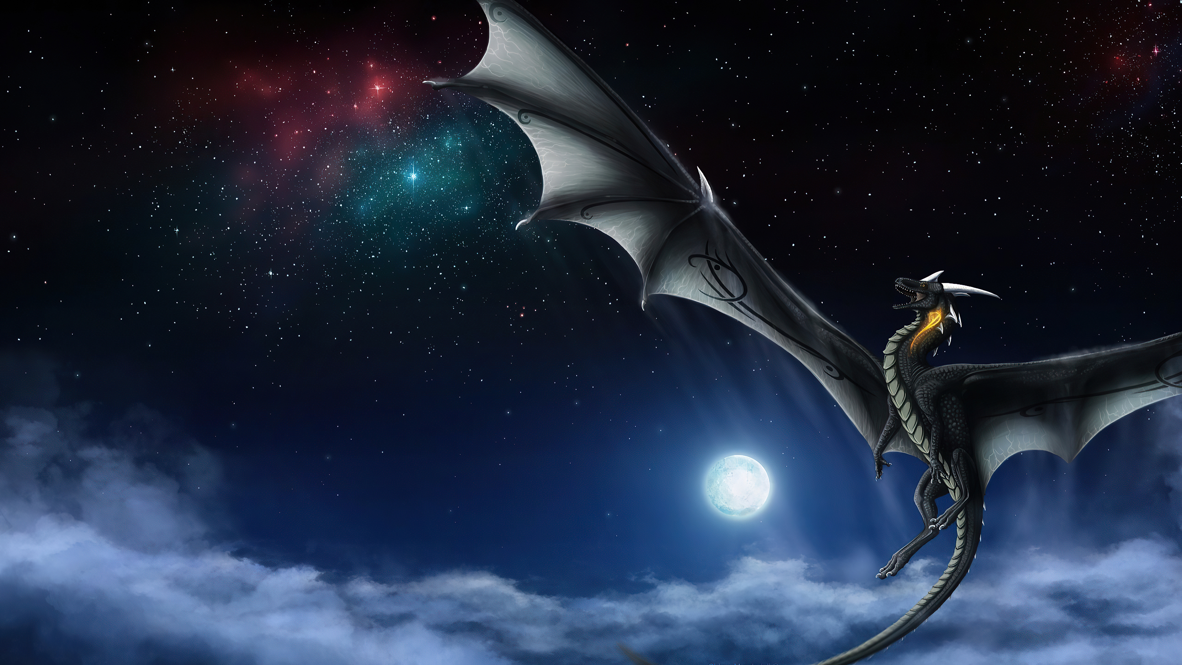 Dragon flying in starry night sky with moon HD Wallpaper
