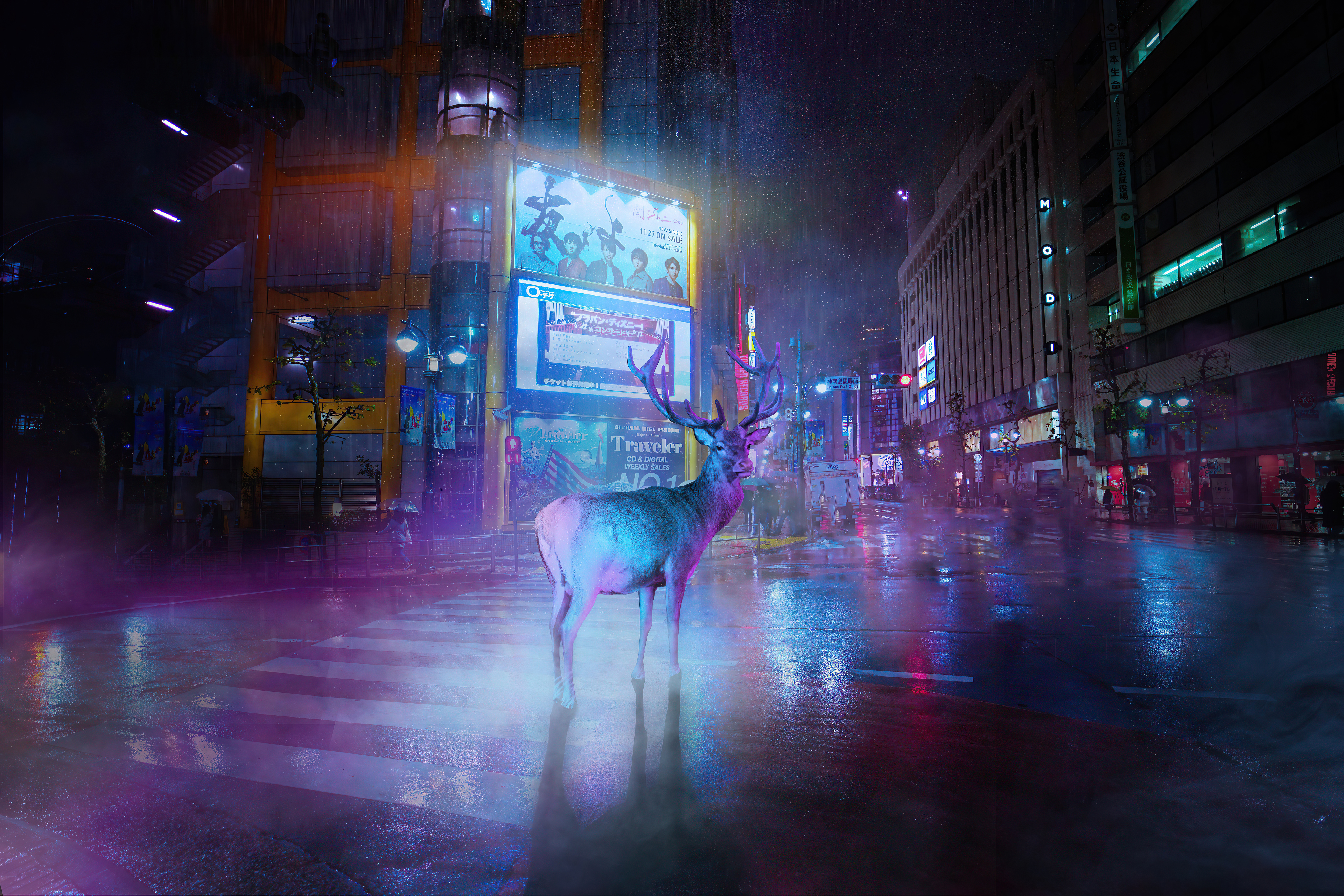 Deer in a neon-lit rainy city street HD Wallpaper