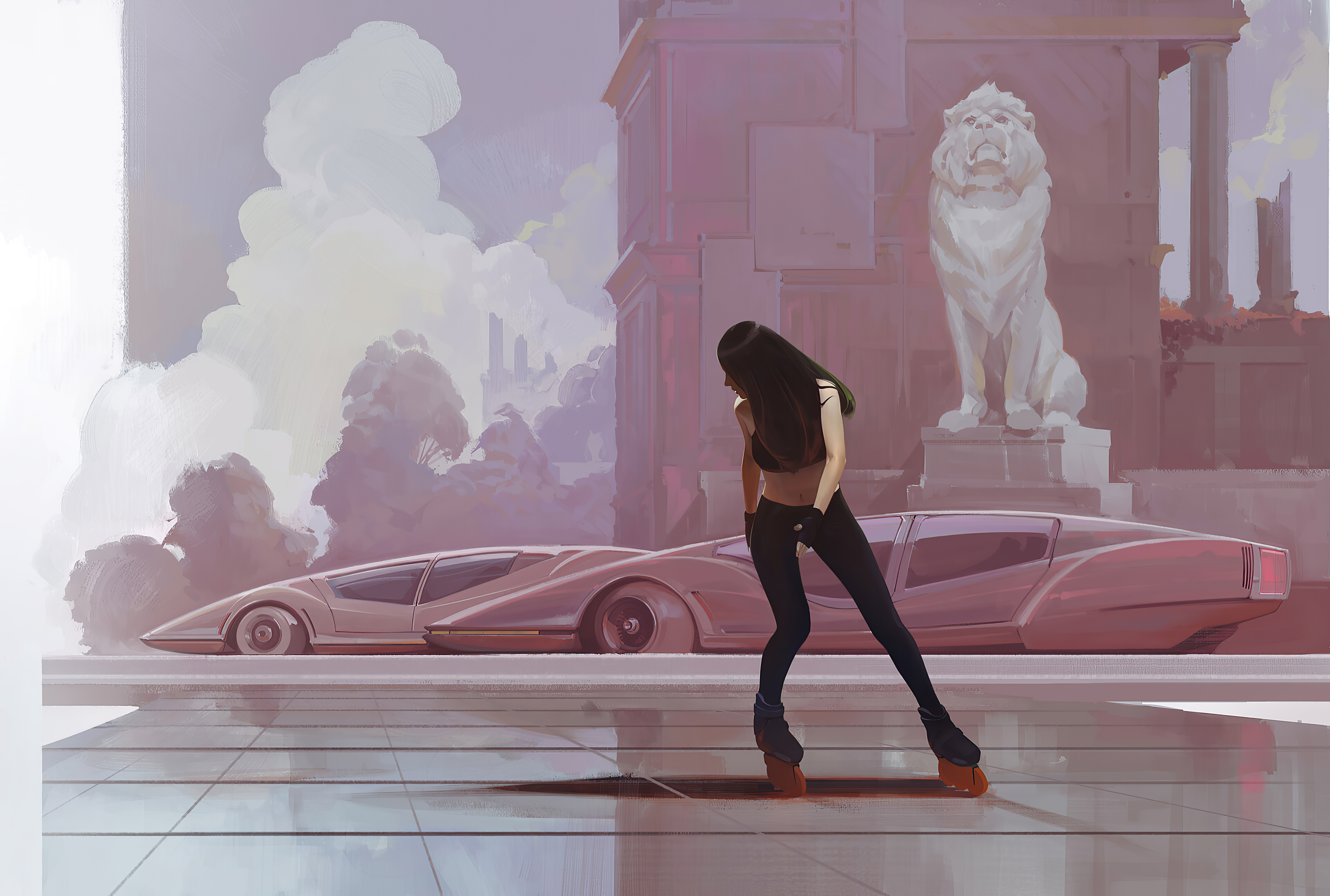 Artwork of a woman and futuristic cars HD Wallpaper