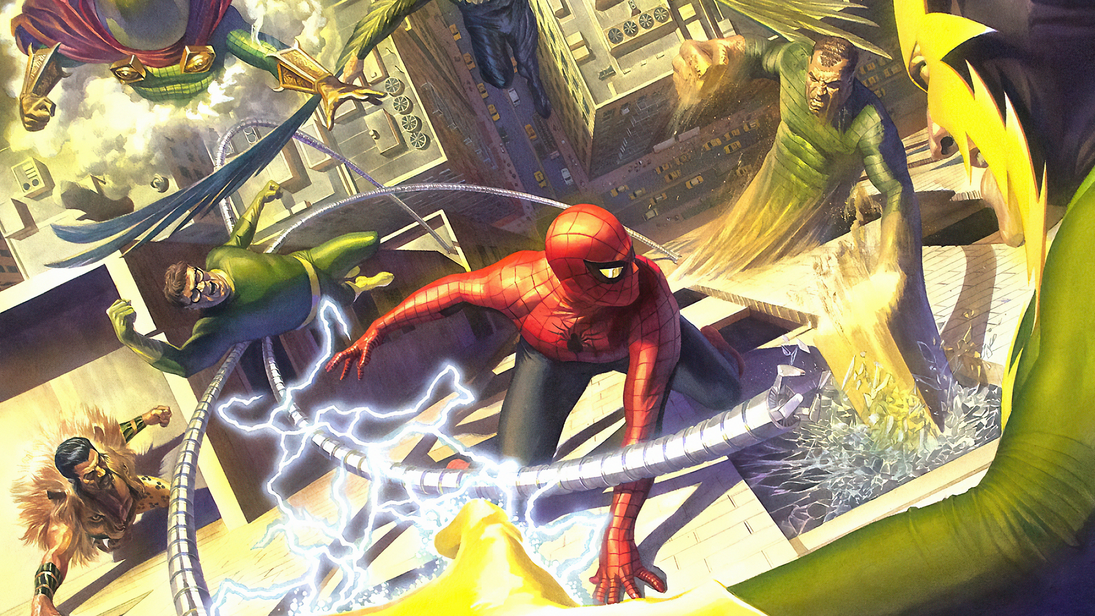 Spider-Man vs. Supervillains in Cityscape HD Wallpaper