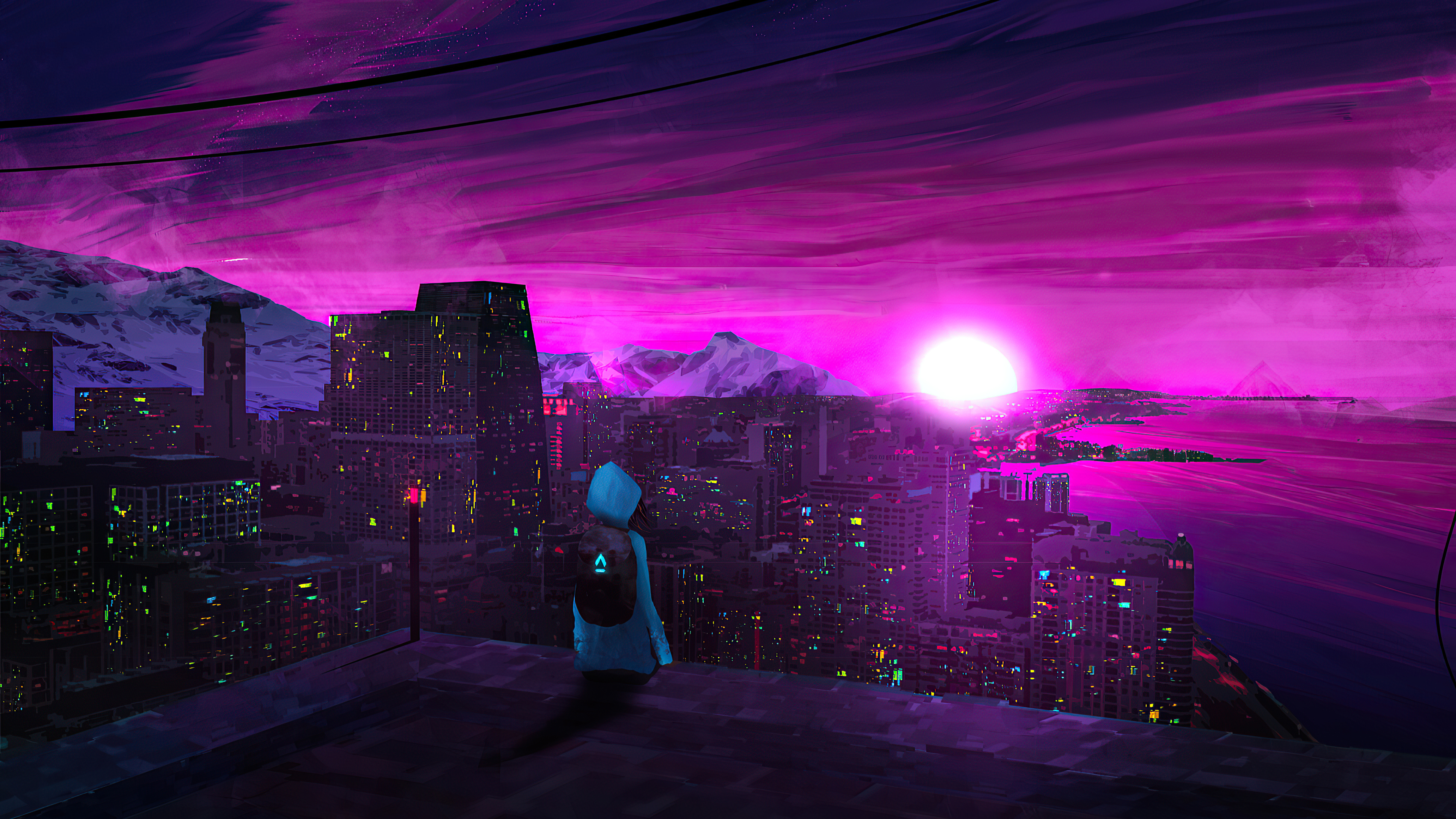 Synthwave artwork of a person overlooking a neon city at sunset HD Wallpaper