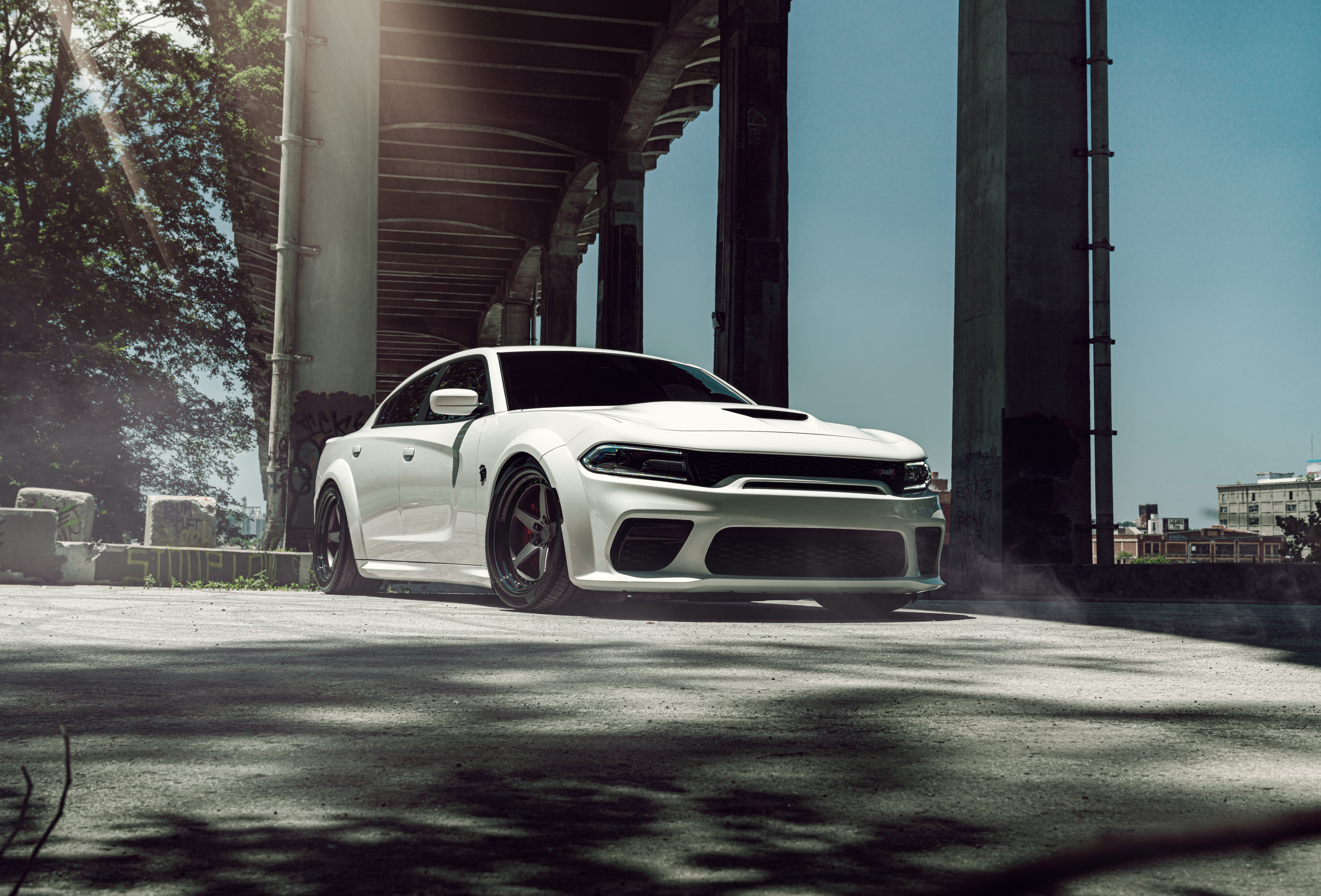 White Dodge Challenger SRT Hellcat Widebody under bridge HD Wallpaper
