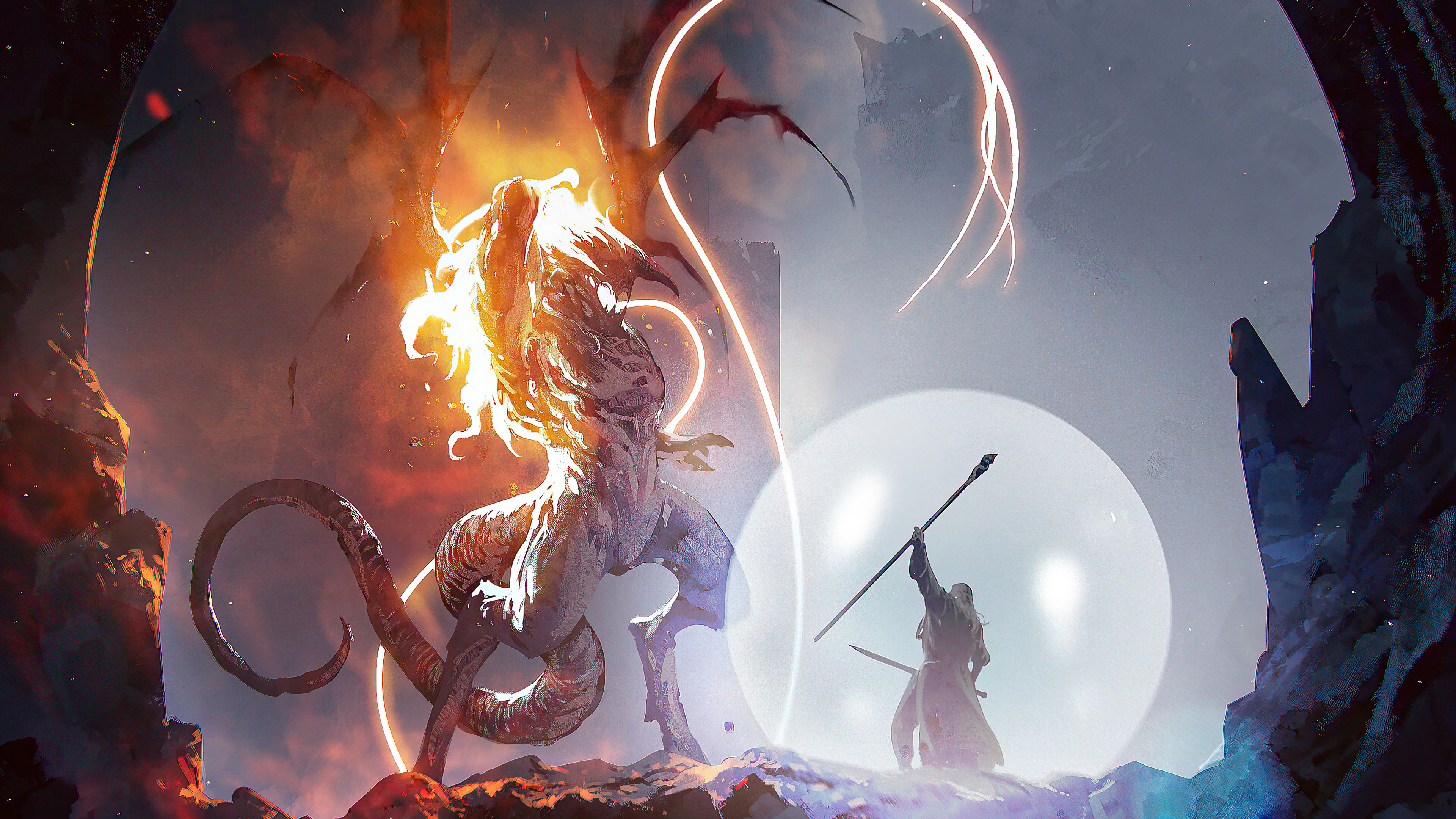 Fantasy creature and warrior in a cave HD Wallpaper