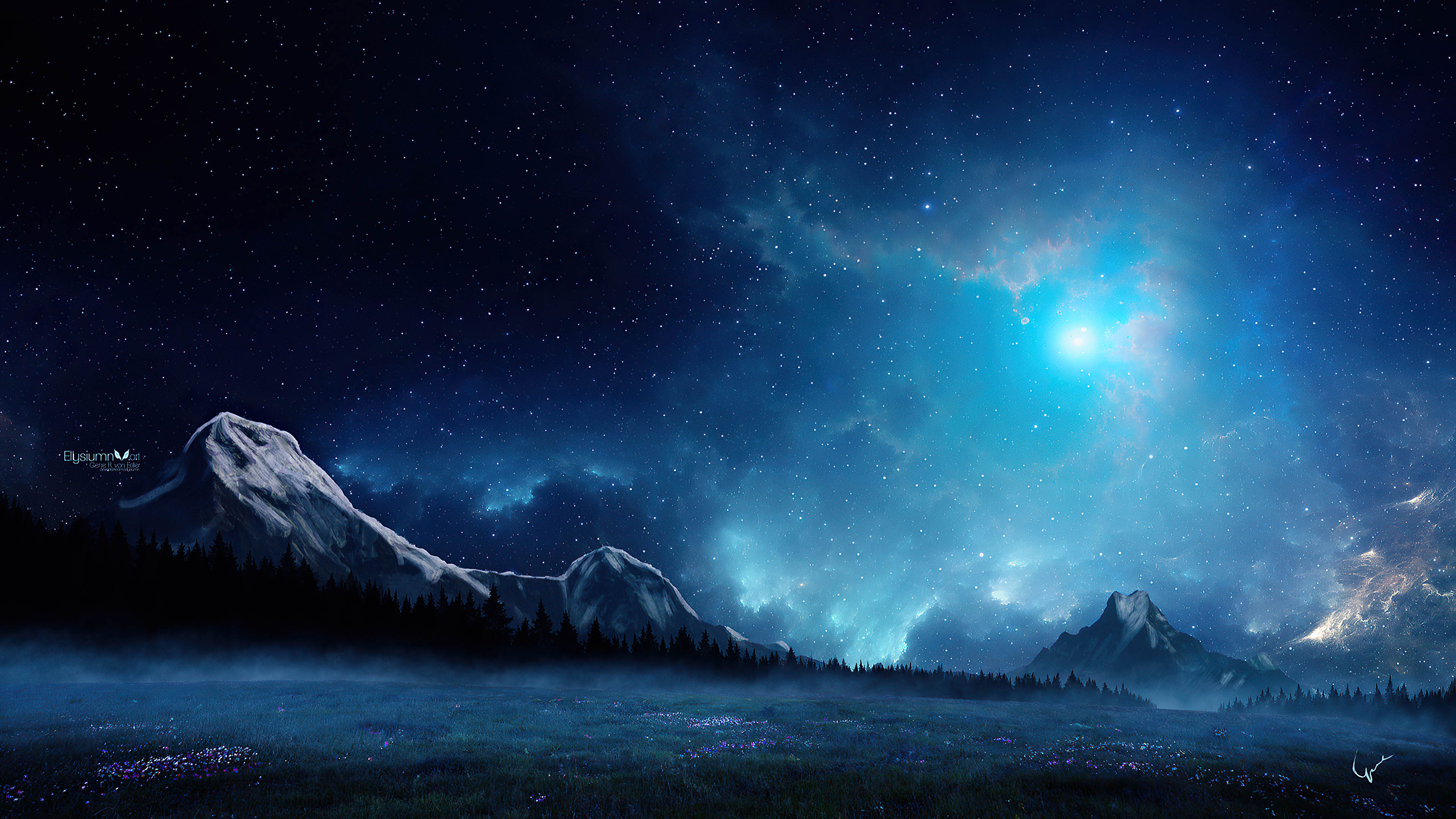 Digital Art of Mountains Under a Starry Sky HD Wallpaper
