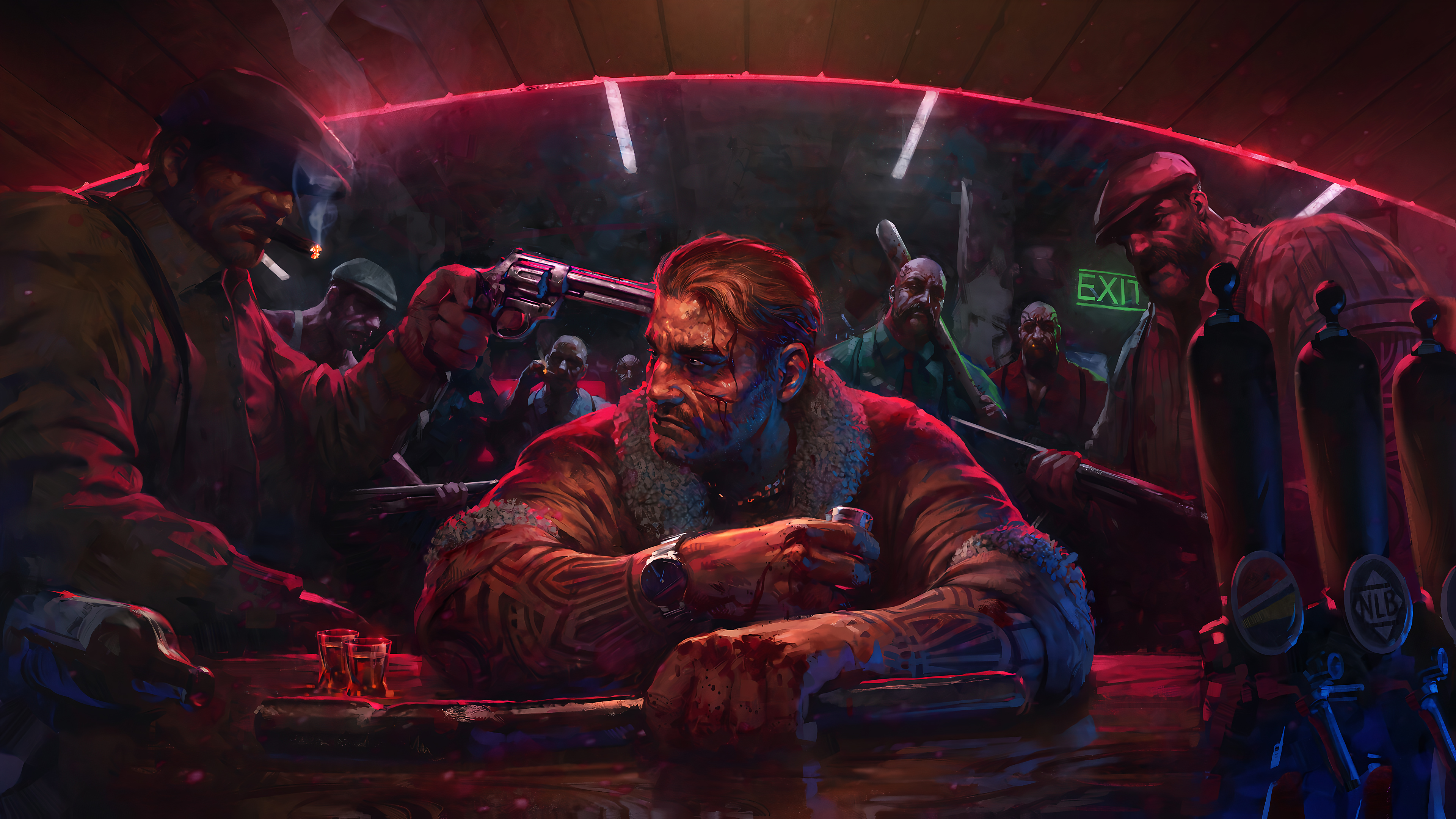 Men in a bar with guns and a man with a gun to his head HD Wallpaper