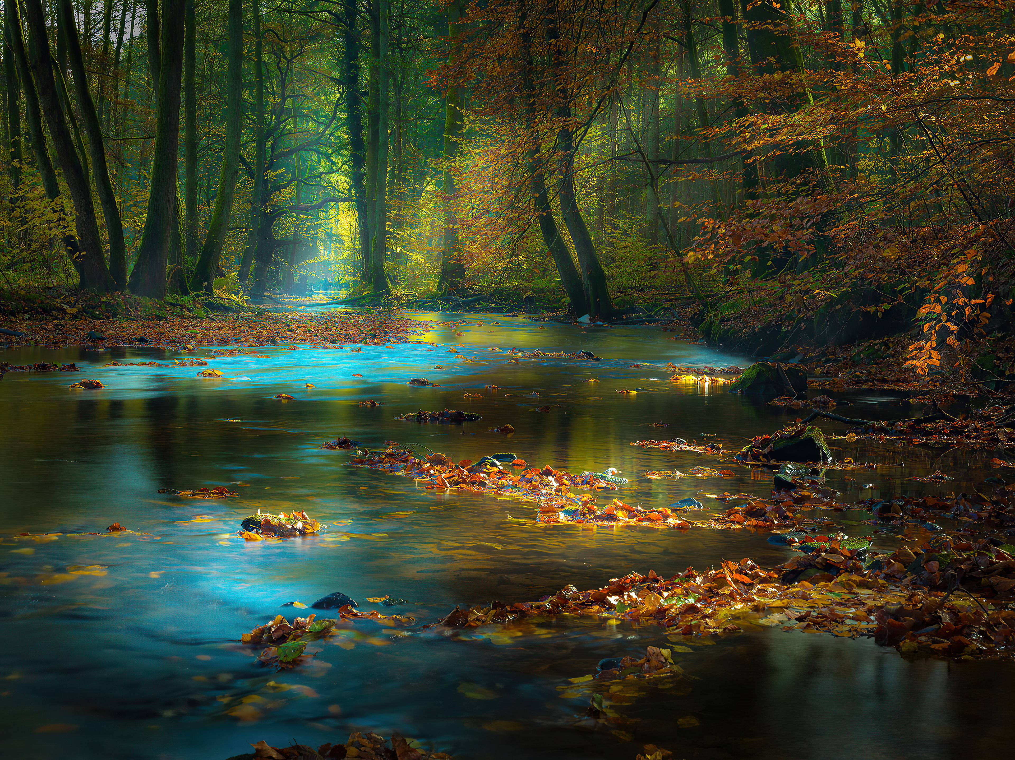 Autumn River Flowing Through Forest HD Wallpaper