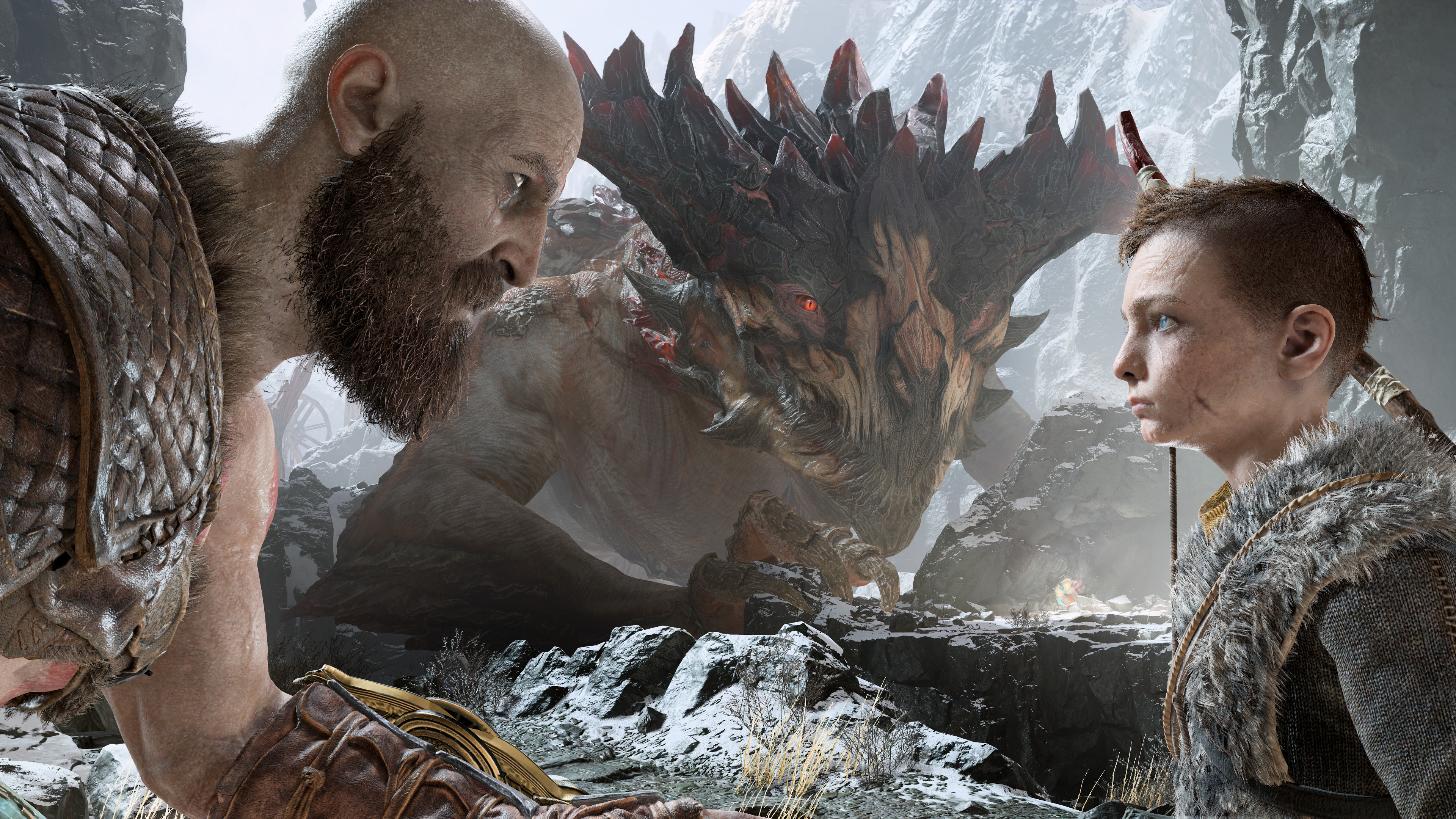 Kratos and Atreus from God of War 4 facing a dragon HD Wallpaper