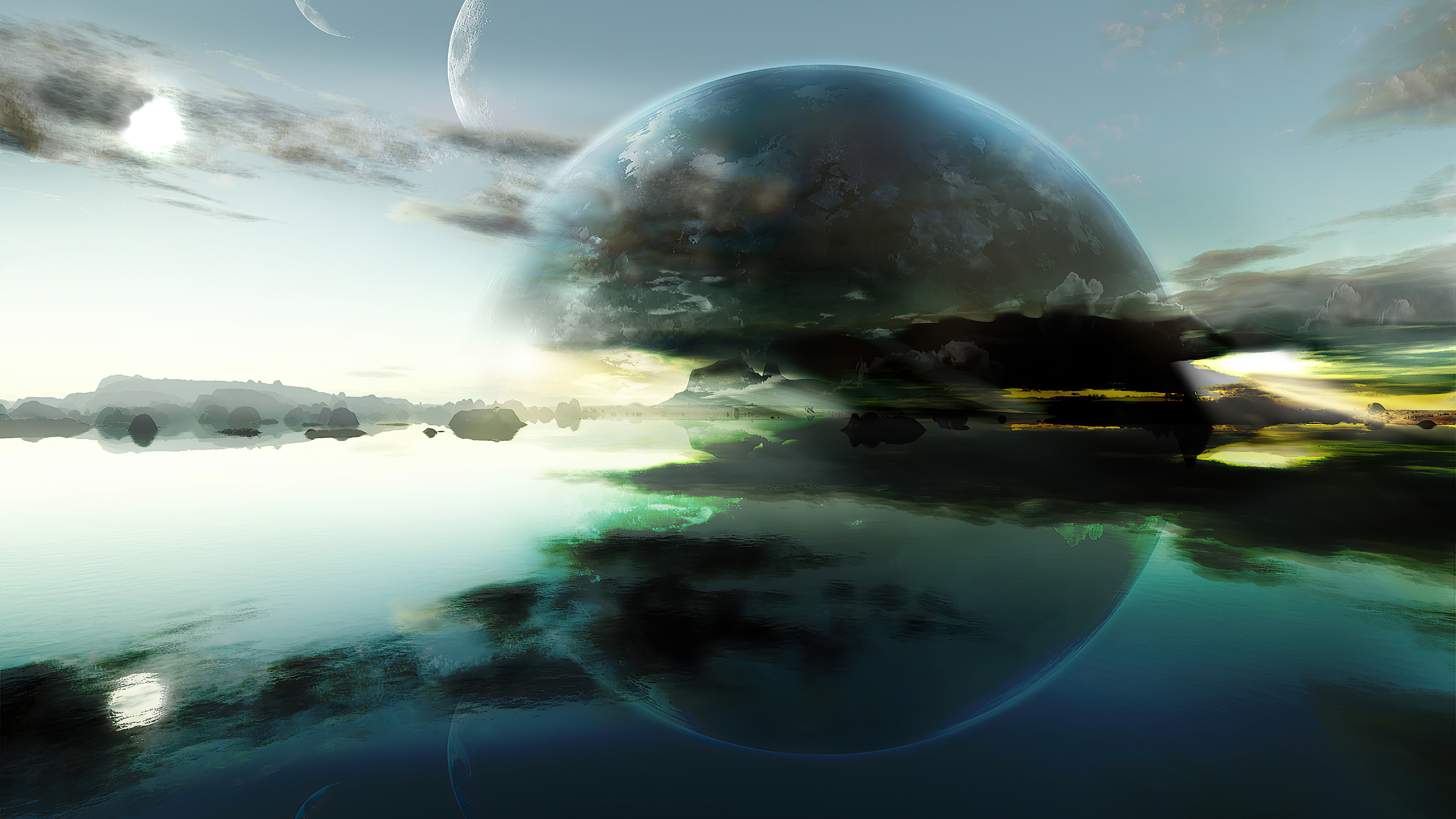 Sci-fi digital art of a planet reflecting in water HD Wallpaper