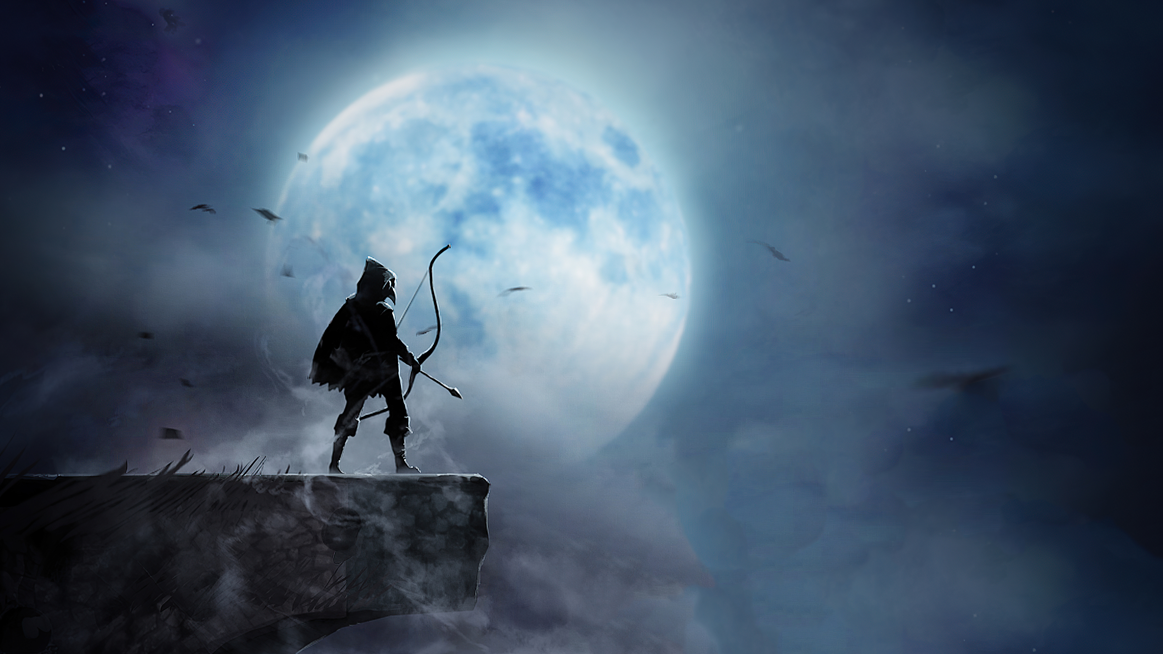 Archer on cliff edge under large moon HD Wallpaper