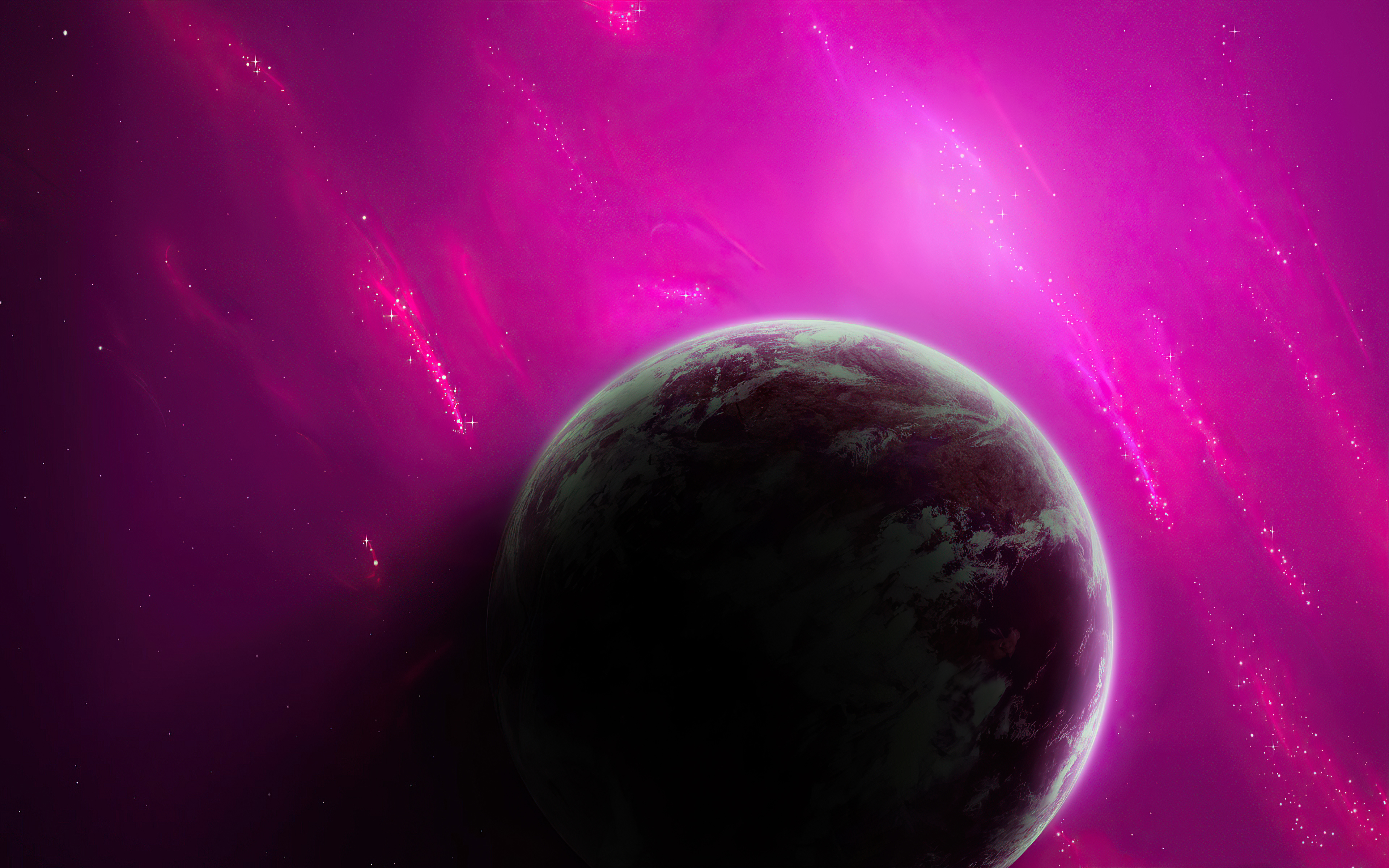 Planet in a purple nebula with stars HD Wallpaper