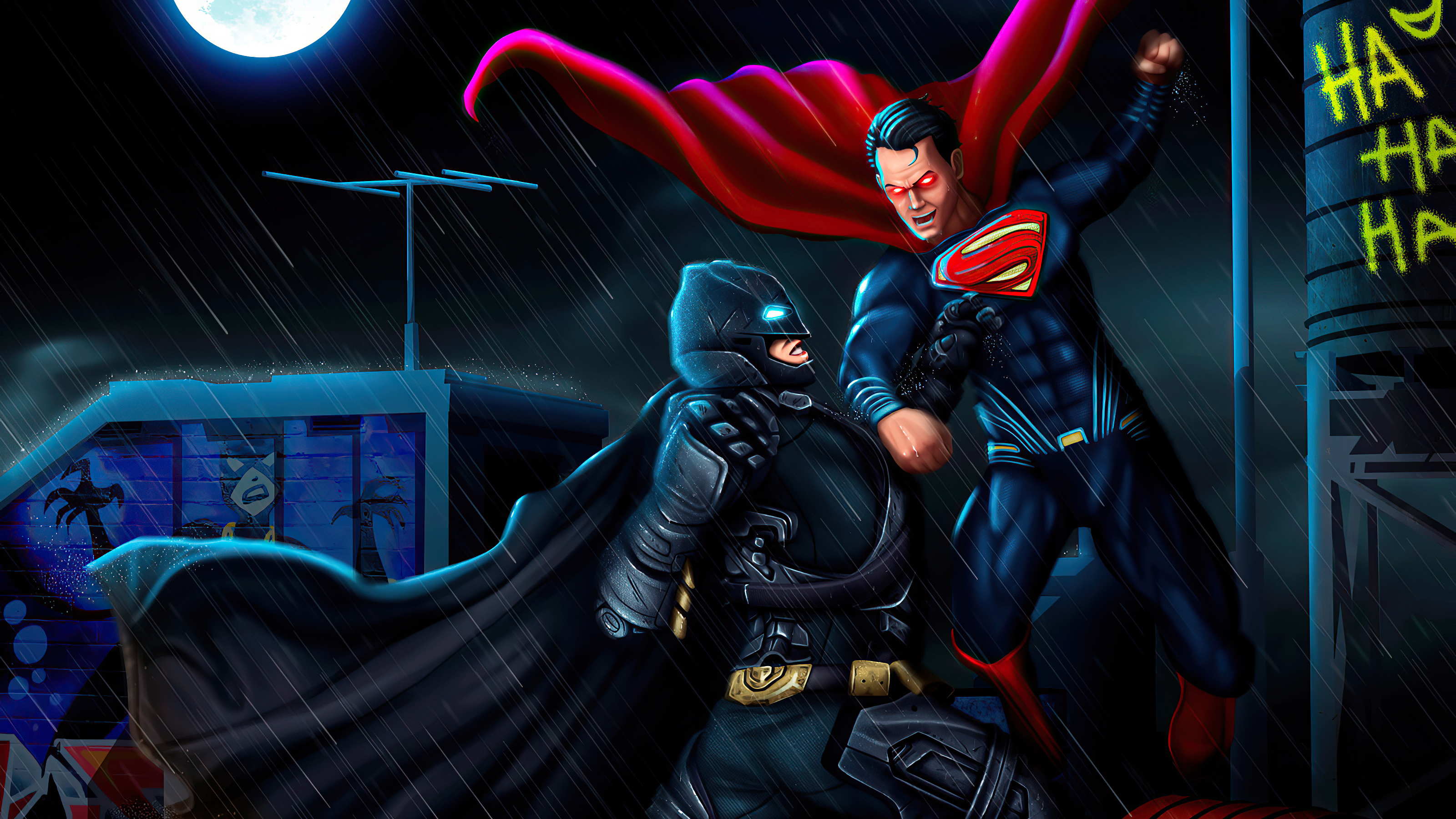 Batman and Superman fighting on a rooftop HD Wallpaper