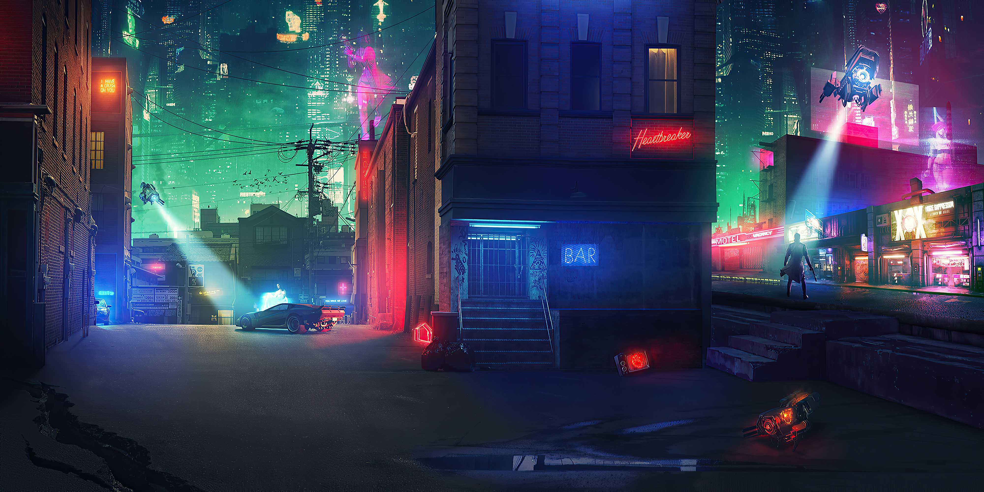 Cyberpunk 2077 alleyway with neon lights and flying drones HD Wallpaper