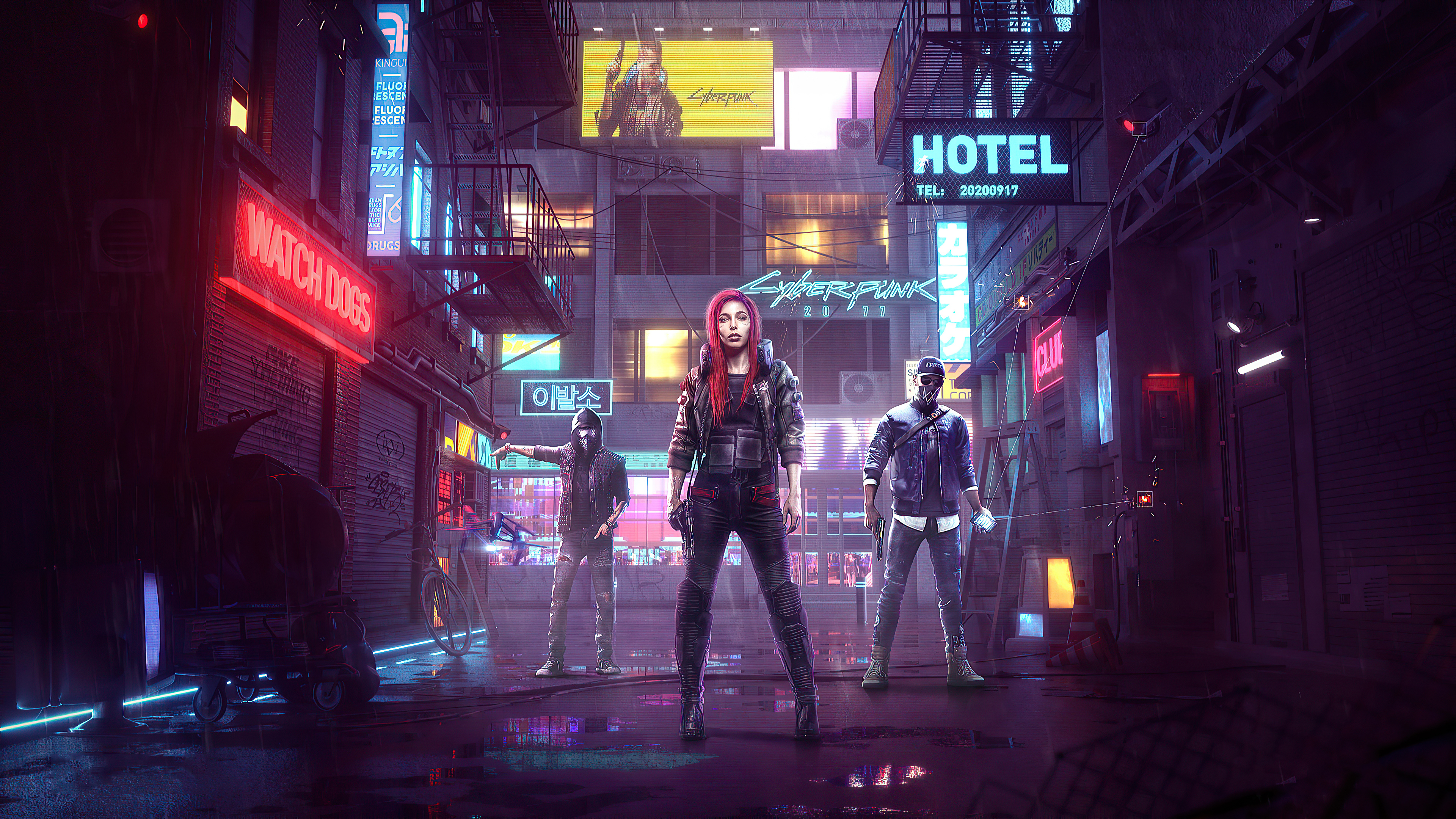 Cyberpunk 2077 characters in a neon-lit alley HD Wallpaper
