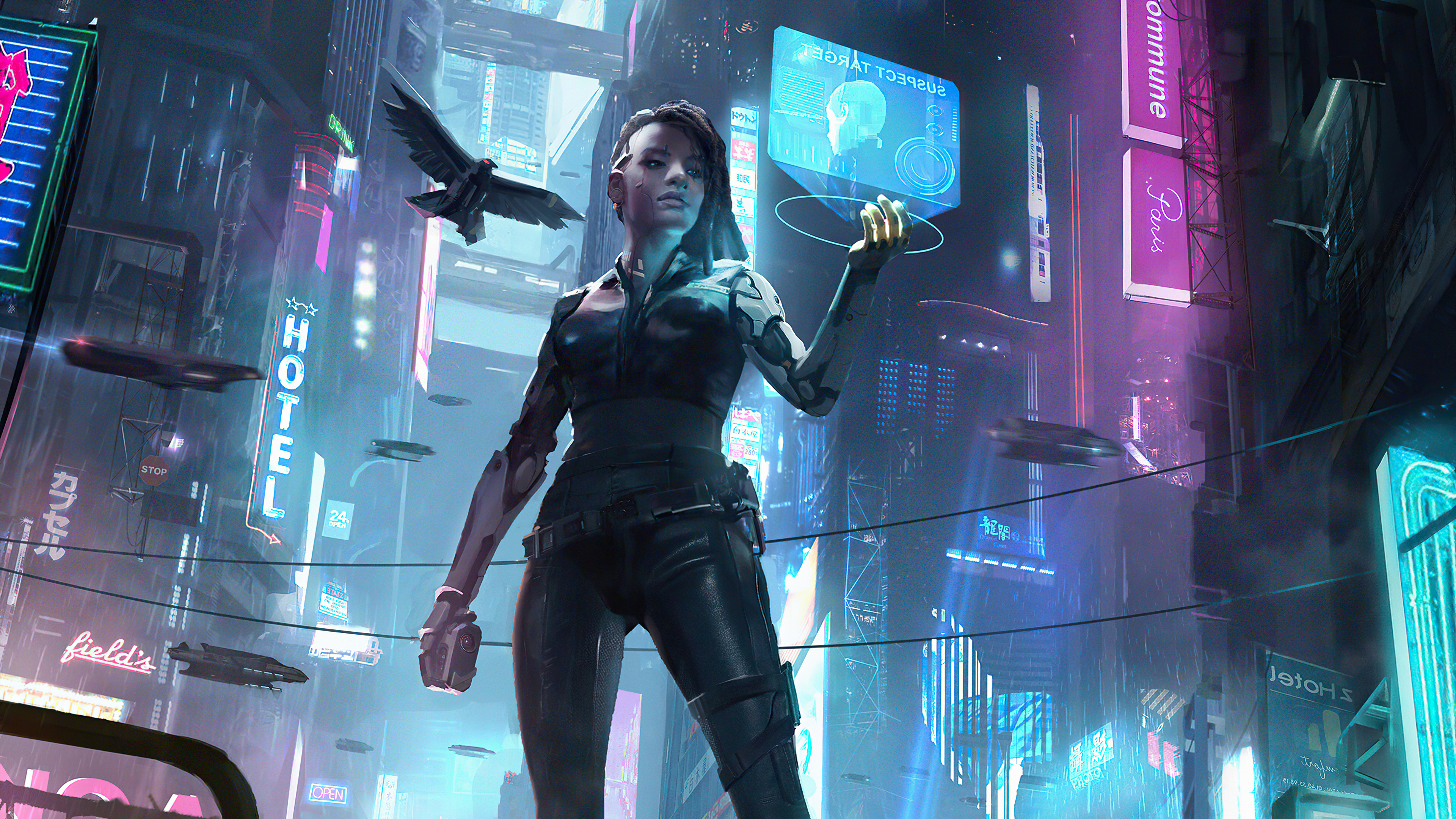 Cyberpunk woman with holographic display in neon city HD Wallpaper