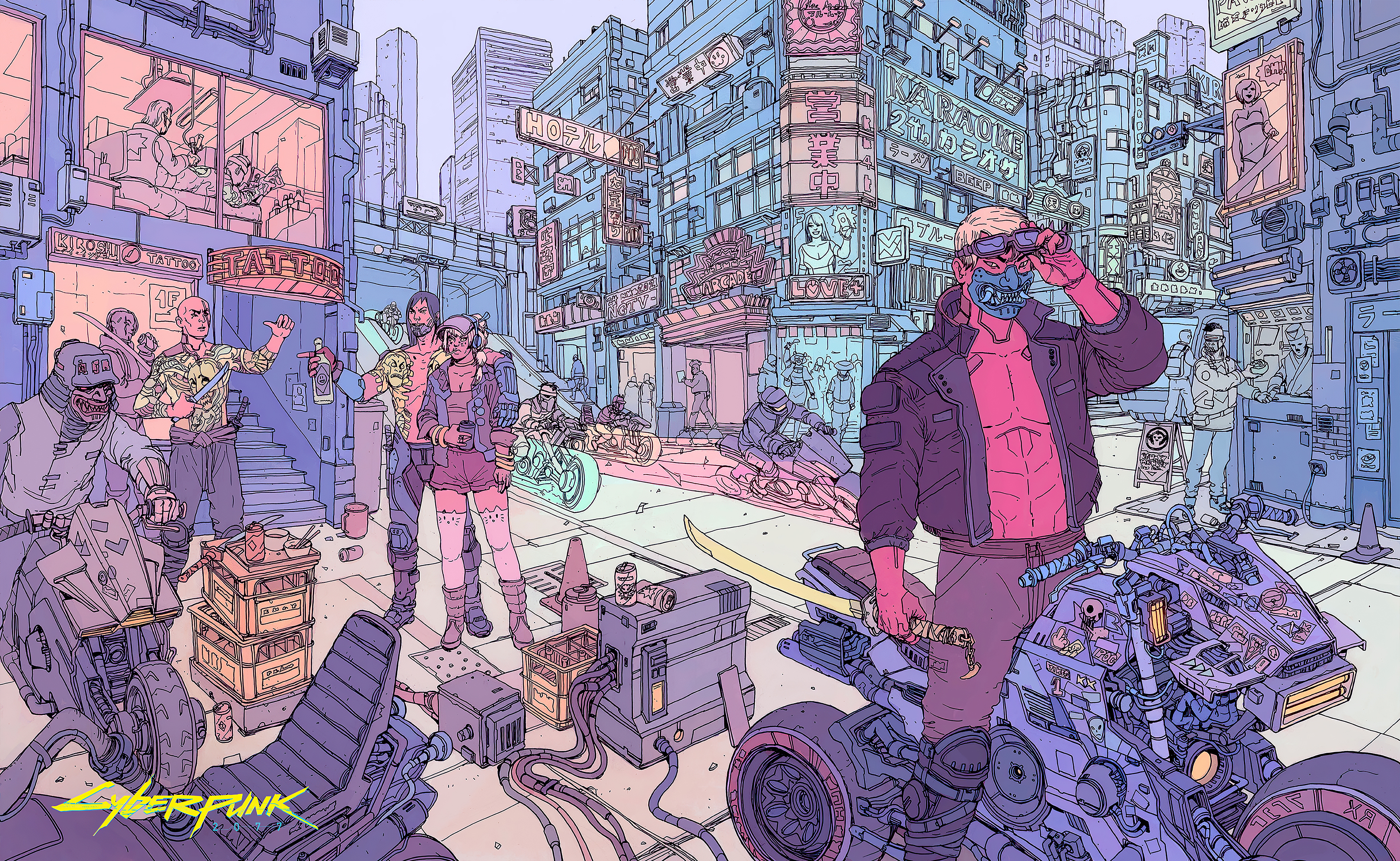 Cyberpunk 2077 characters in a futuristic city street HD Wallpaper