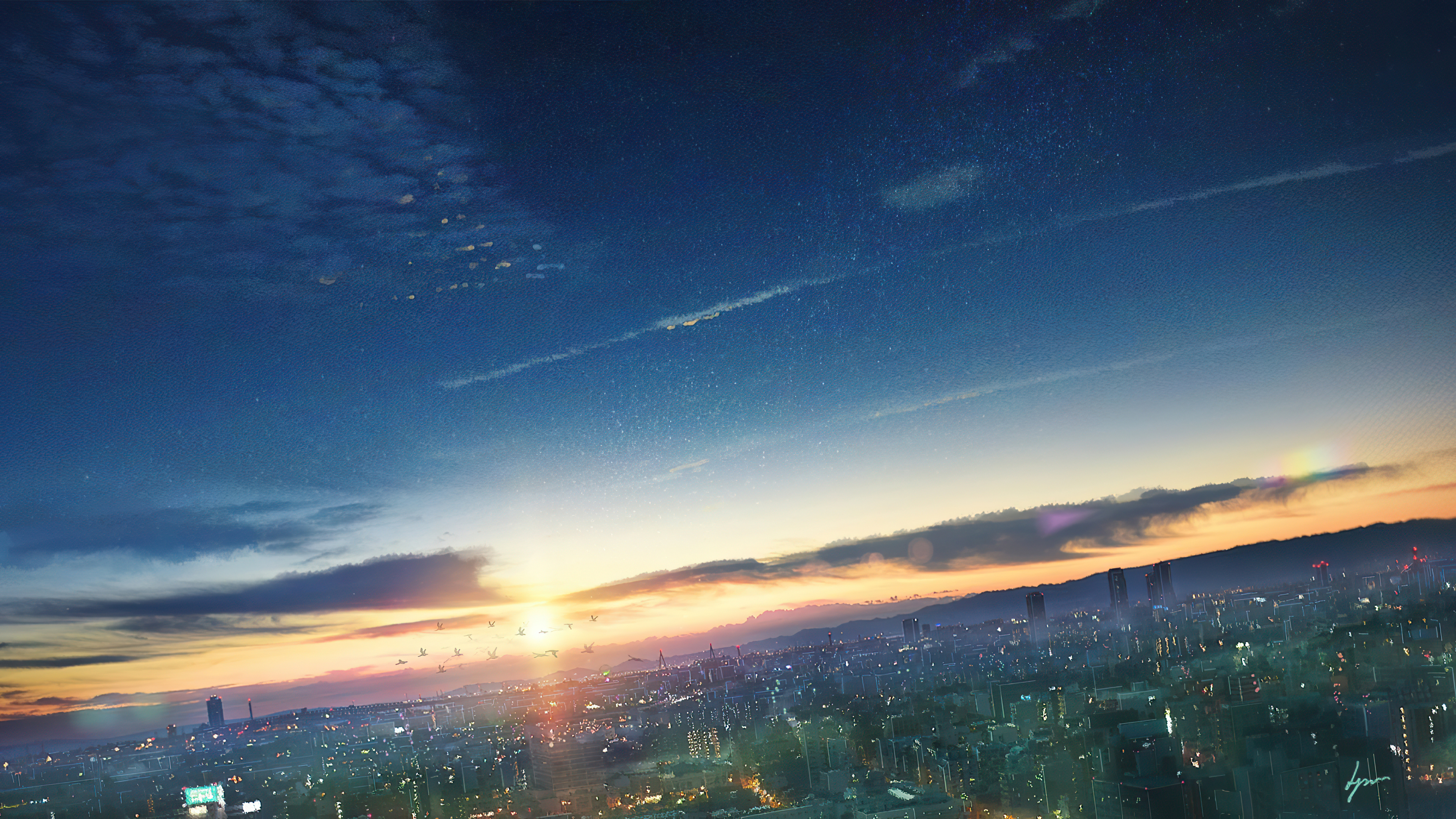 Anime cityscape at sunset with birds flying HD Wallpaper