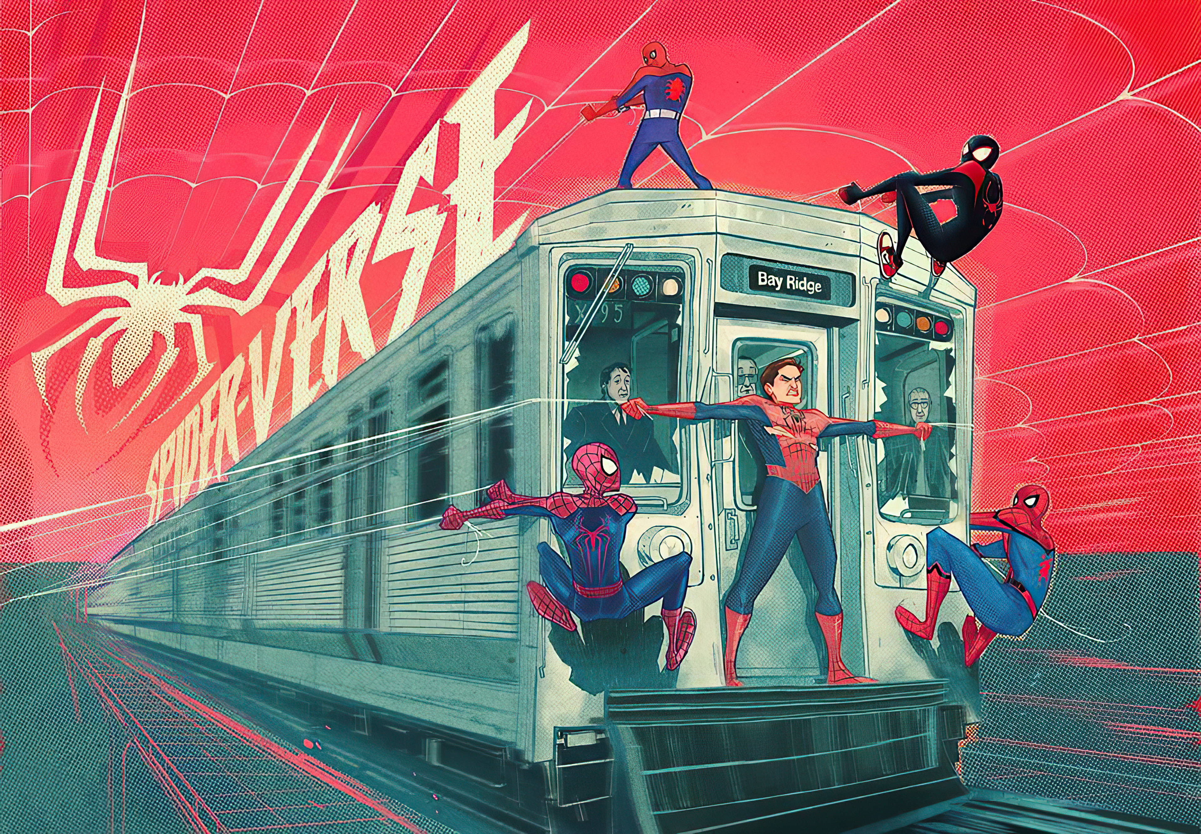 Spider-Verse artwork with multiple Spider-Men on a train HD Wallpaper