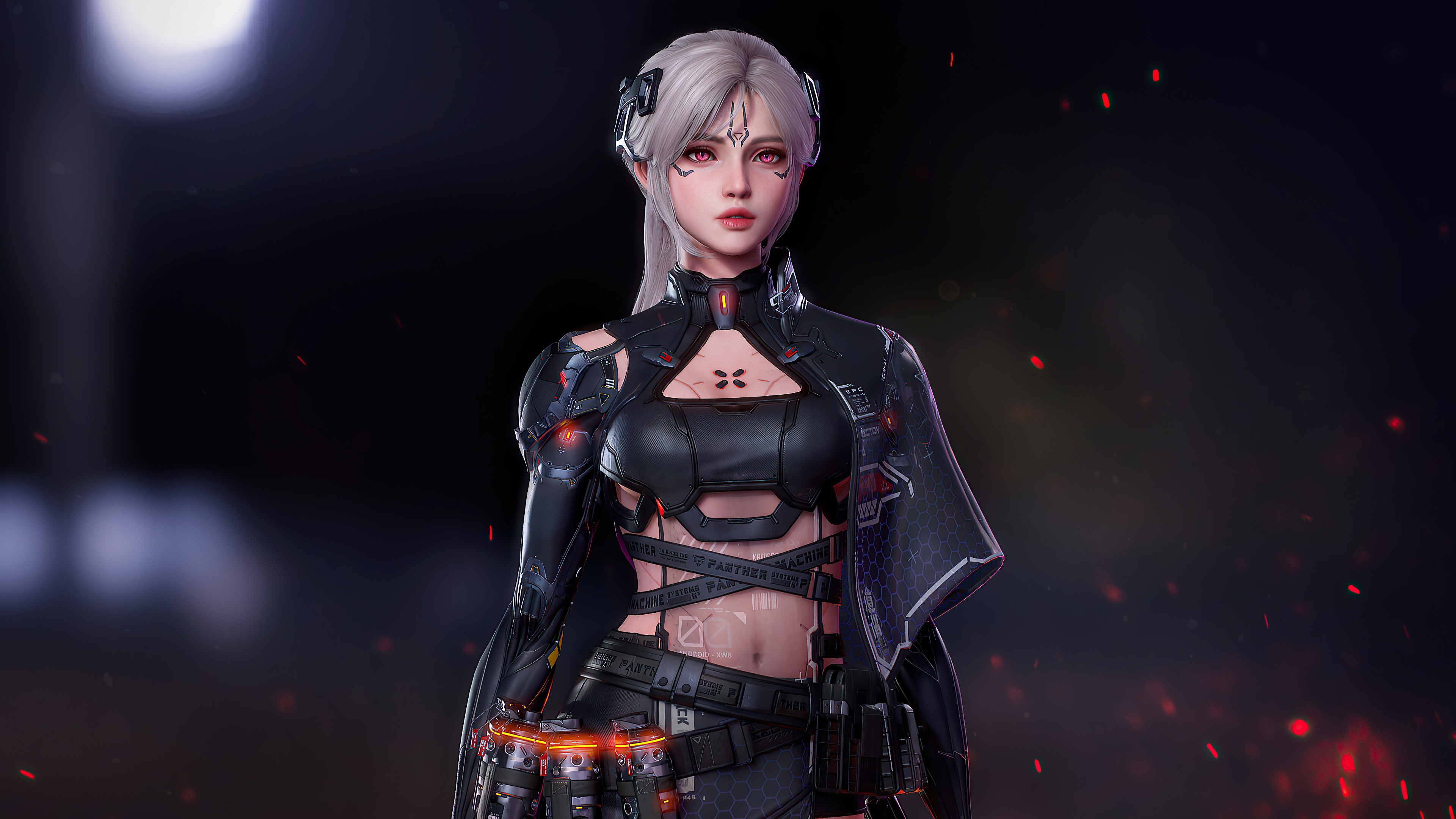 Cyberpunk woman with white hair and red eyes HD Wallpaper
