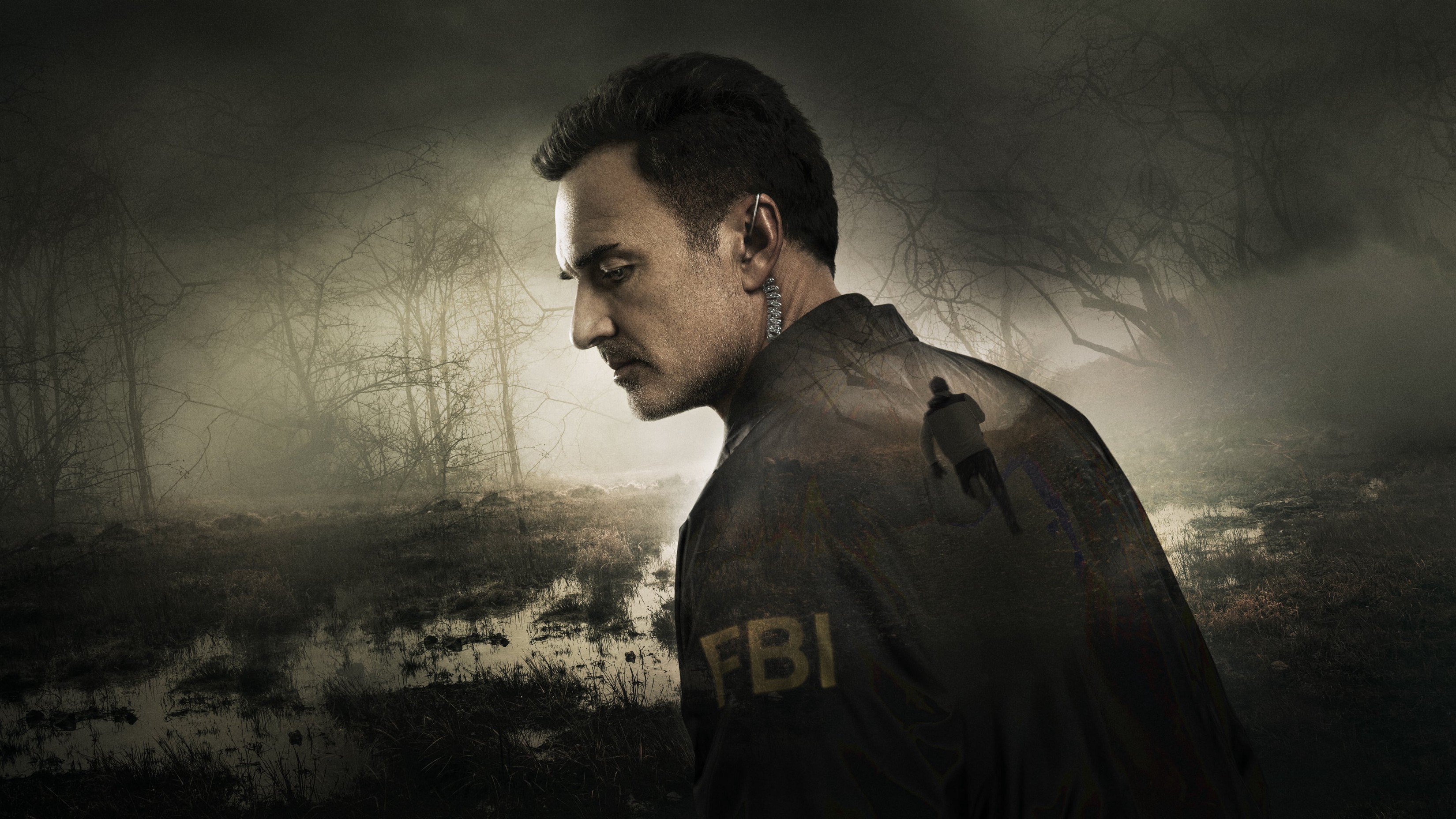 FBI agent in a foggy forest HD Wallpaper