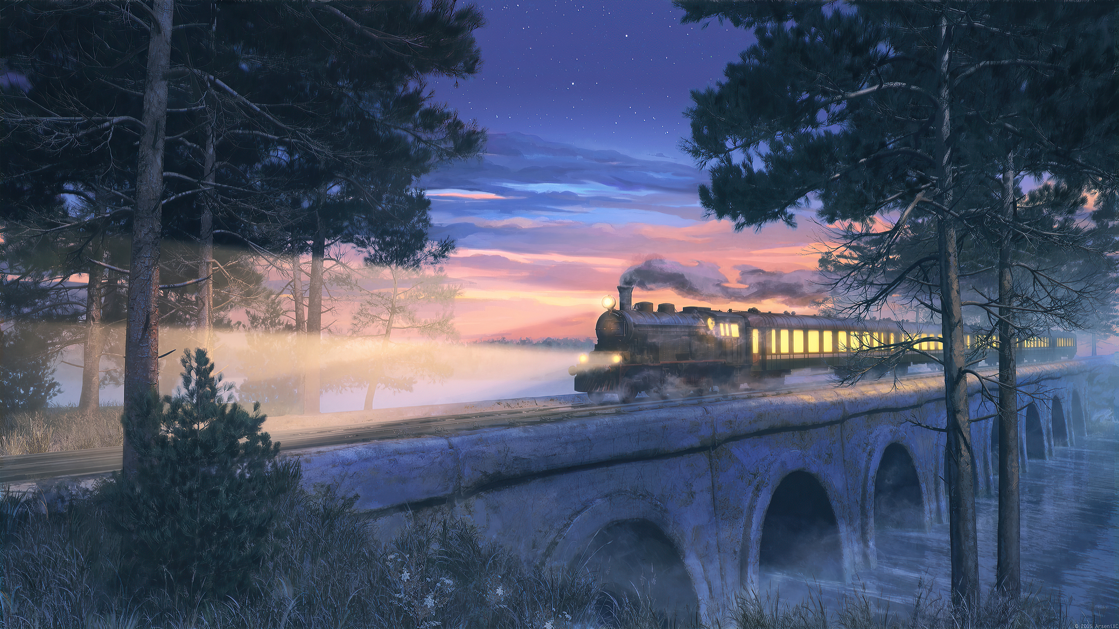 Train crossing a bridge at sunset HD Wallpaper