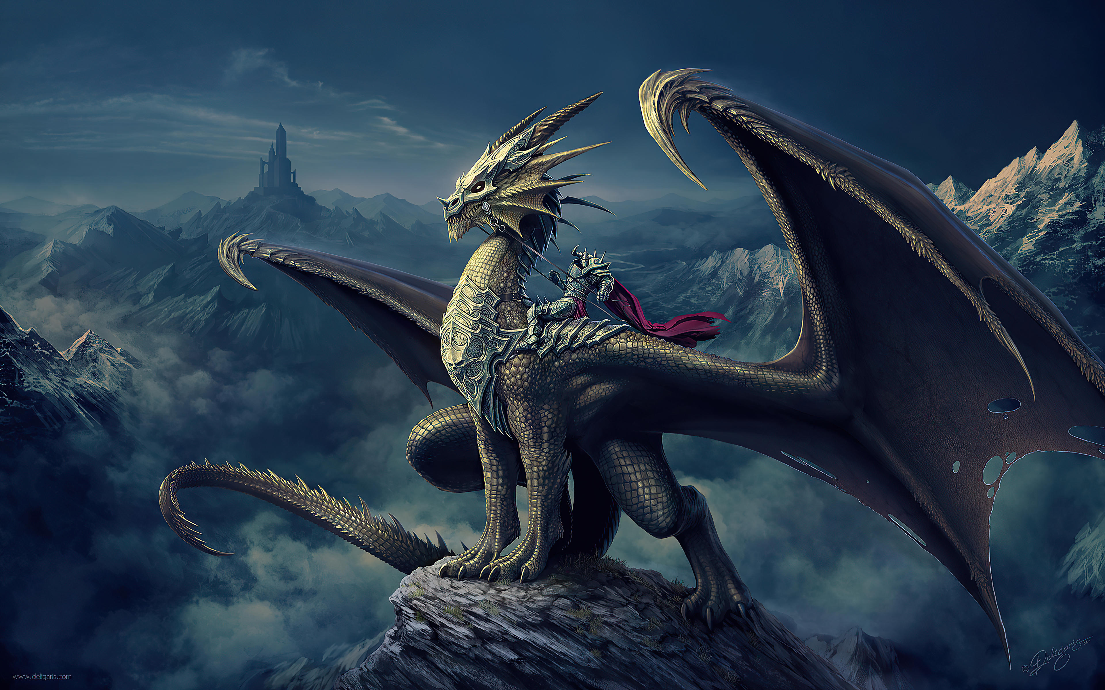 Dragon with Knight Rider on Mountain Peak HD Wallpaper