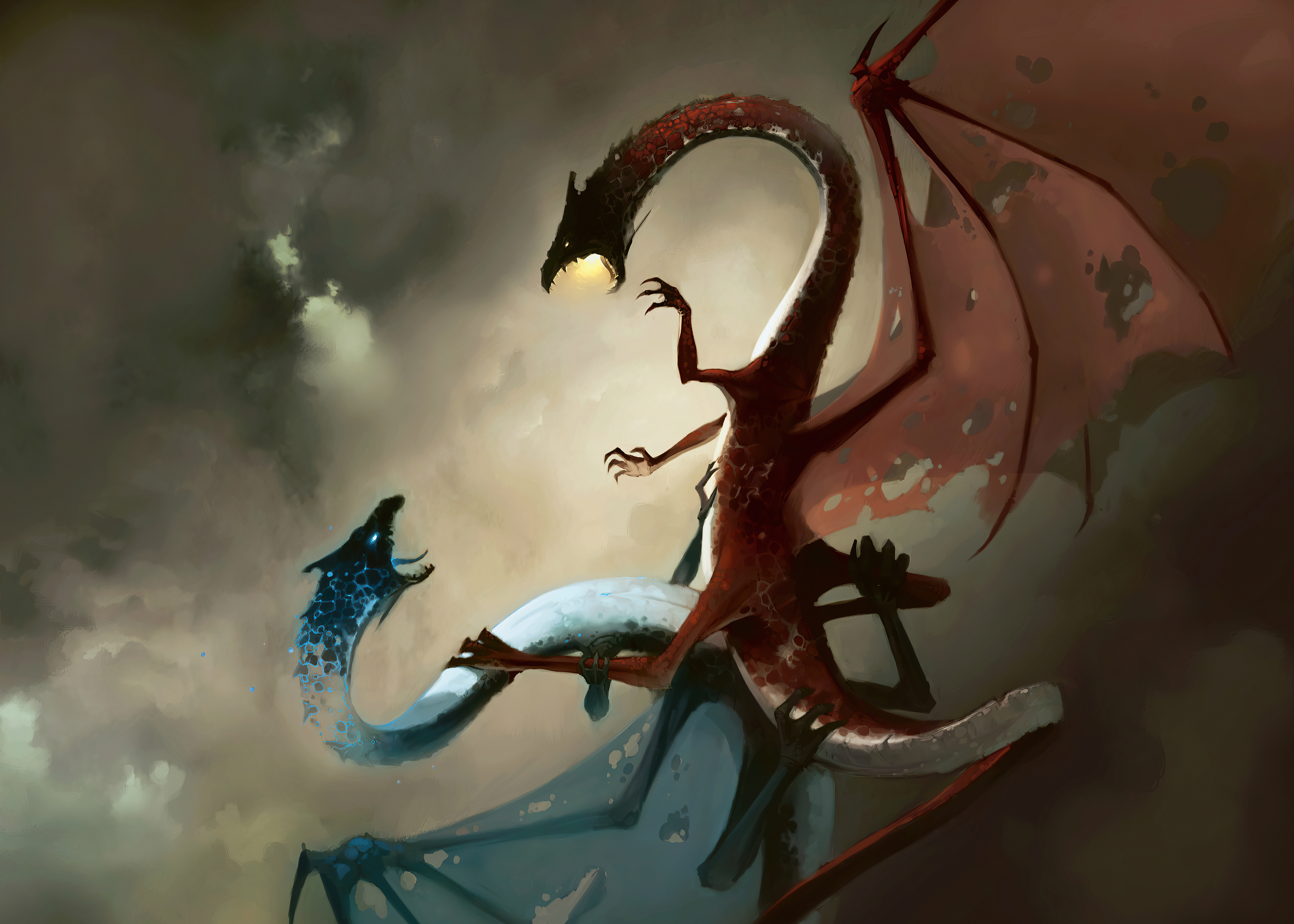 Two dragons fighting in the sky HD Wallpaper