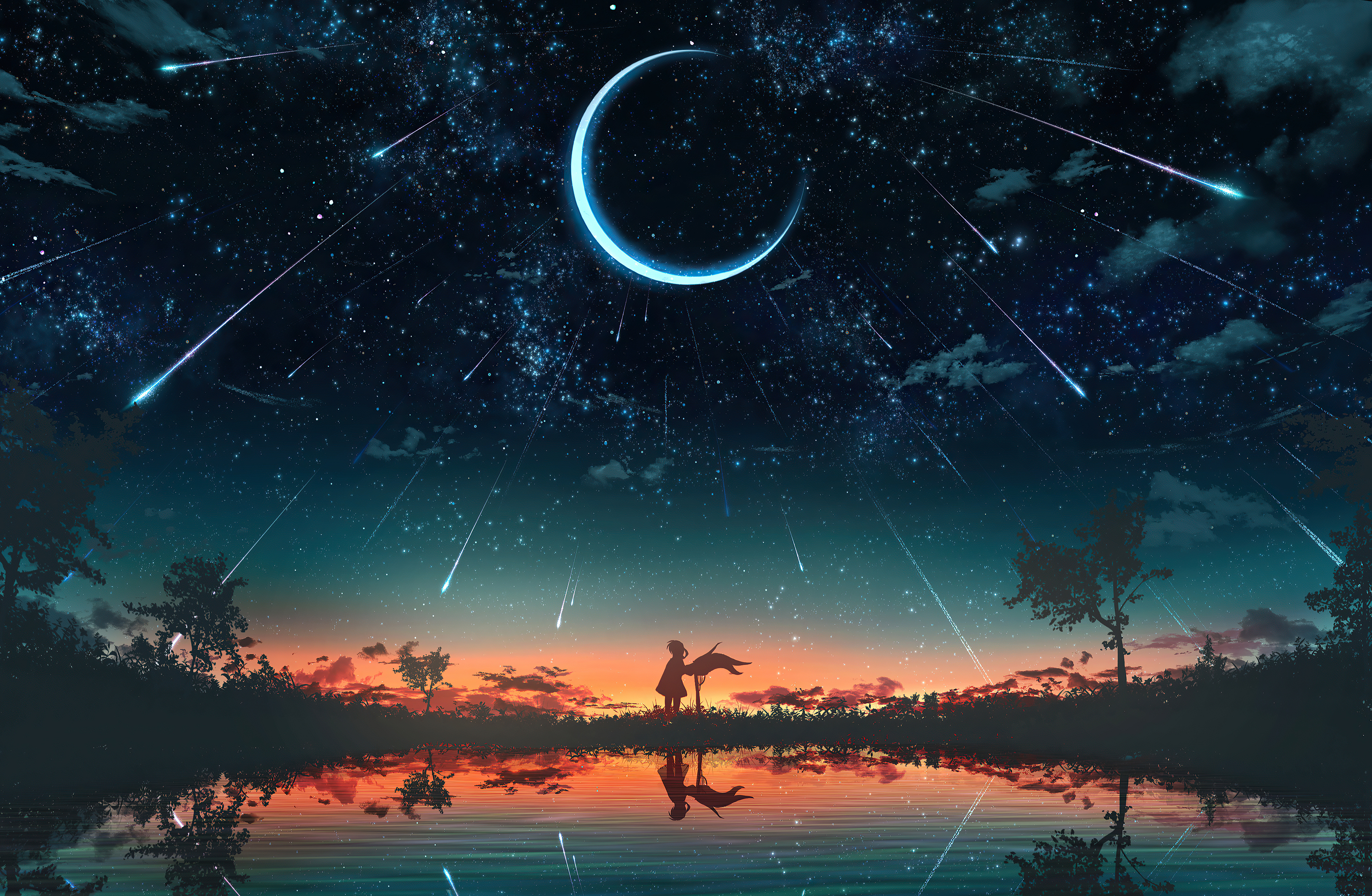 Anime girl and dog under crescent moon and meteor shower HD Wallpaper