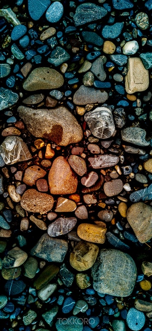 Close-up of colorful wet pebbles on a dark surface