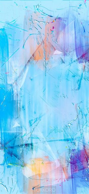 Abstract painting with blue, orange, and purple hues
