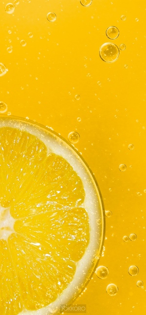 Lemon slice with bubbles in yellow liquid