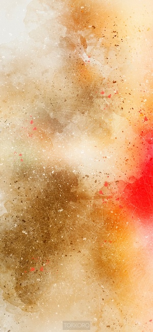 Watercolor wash drawing with red and gold splashes