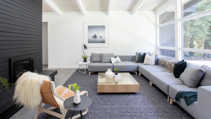 Living room with modern furniture and fireplace