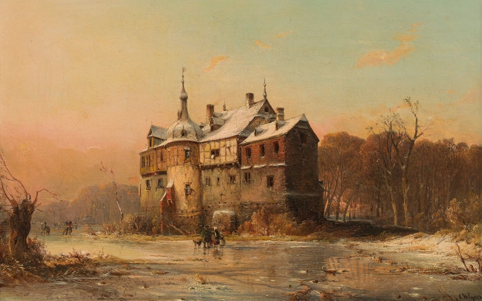 Oil painting of a castle in winter with people on ice
