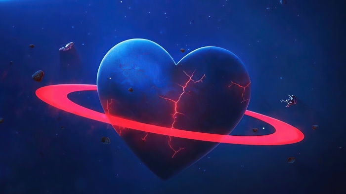 Cracked Heart Planet with Red Ring in Space
