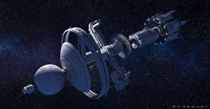 Space station Endeavor with a spaceship