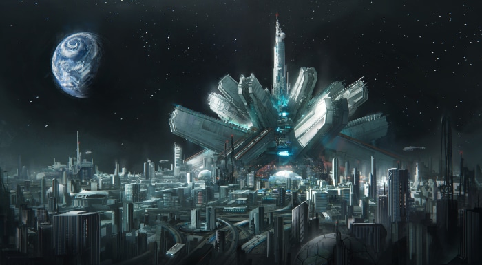 Futuristic Cityscape with Earth and Space Station