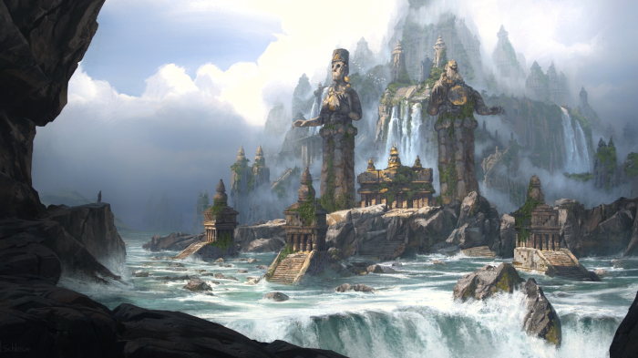 Ancient statues and temples in a misty, waterfall-filled landscape