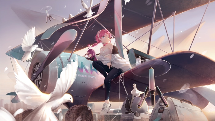 Blue Poison from Arknights on a biplane with doves