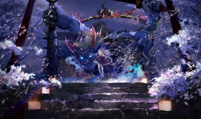 Nakiri Ayame from Hololive with a large demon