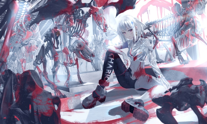 Girl in a museum with skeletons