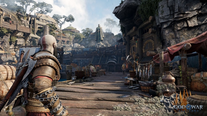 Kratos from God of War Ragnarök in a village