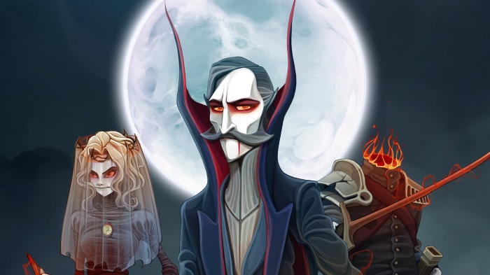Rogue Lords characters in front of a full moon