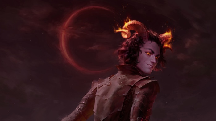 Tiefling with horns and armor from Pathfinder: Wrath of the Righteous