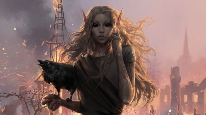 Elf with crow in burning city from Pathfinder: Wrath of the Righteous