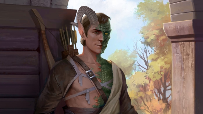 Tiefling character with dragon scales and horns